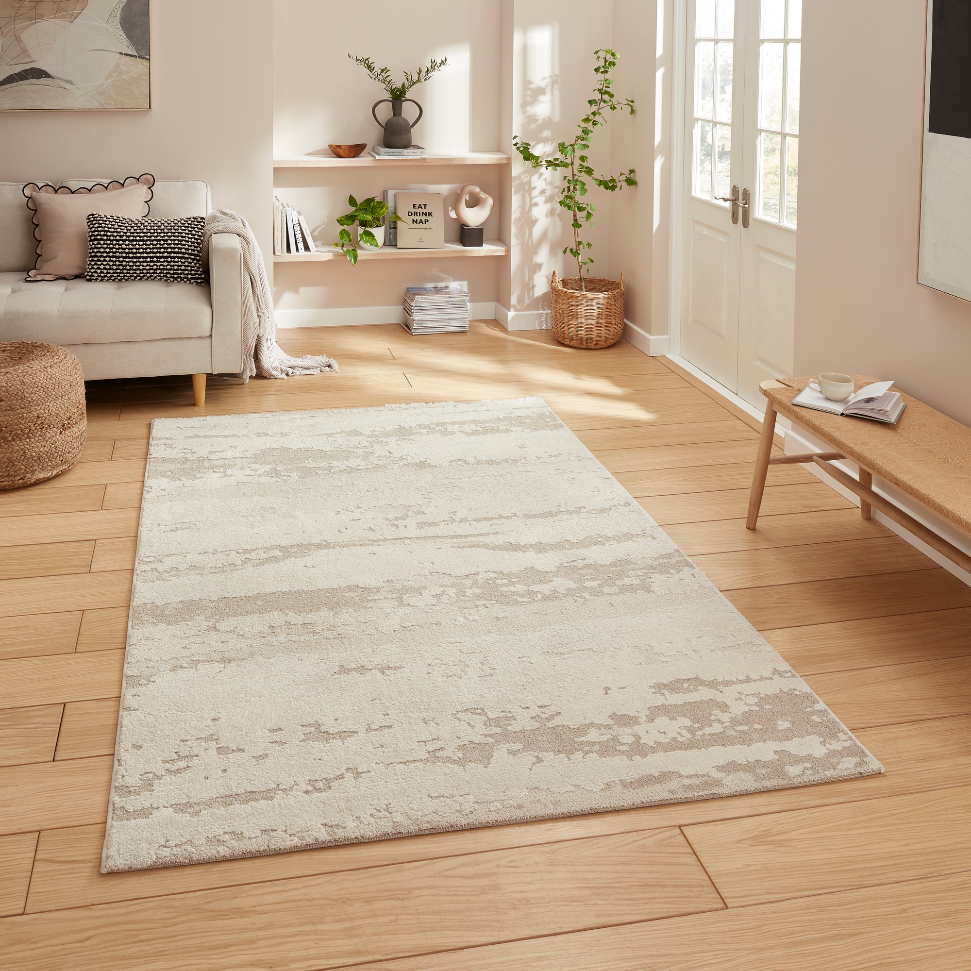 Elio 62841 Textured Abstract Modern Rugs In Cream White