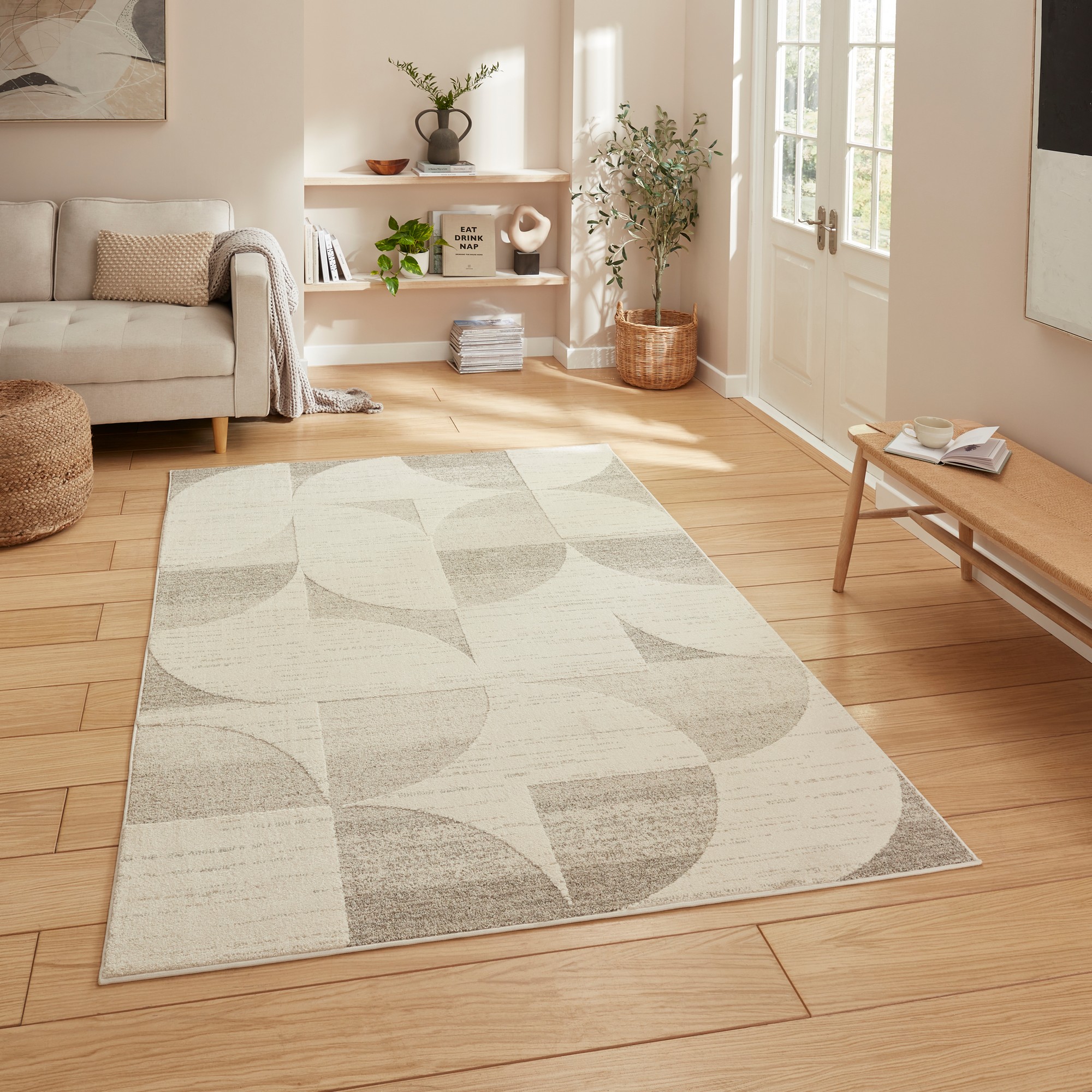 Elio 66747 Textured Geometric Modern Rugs In Beige