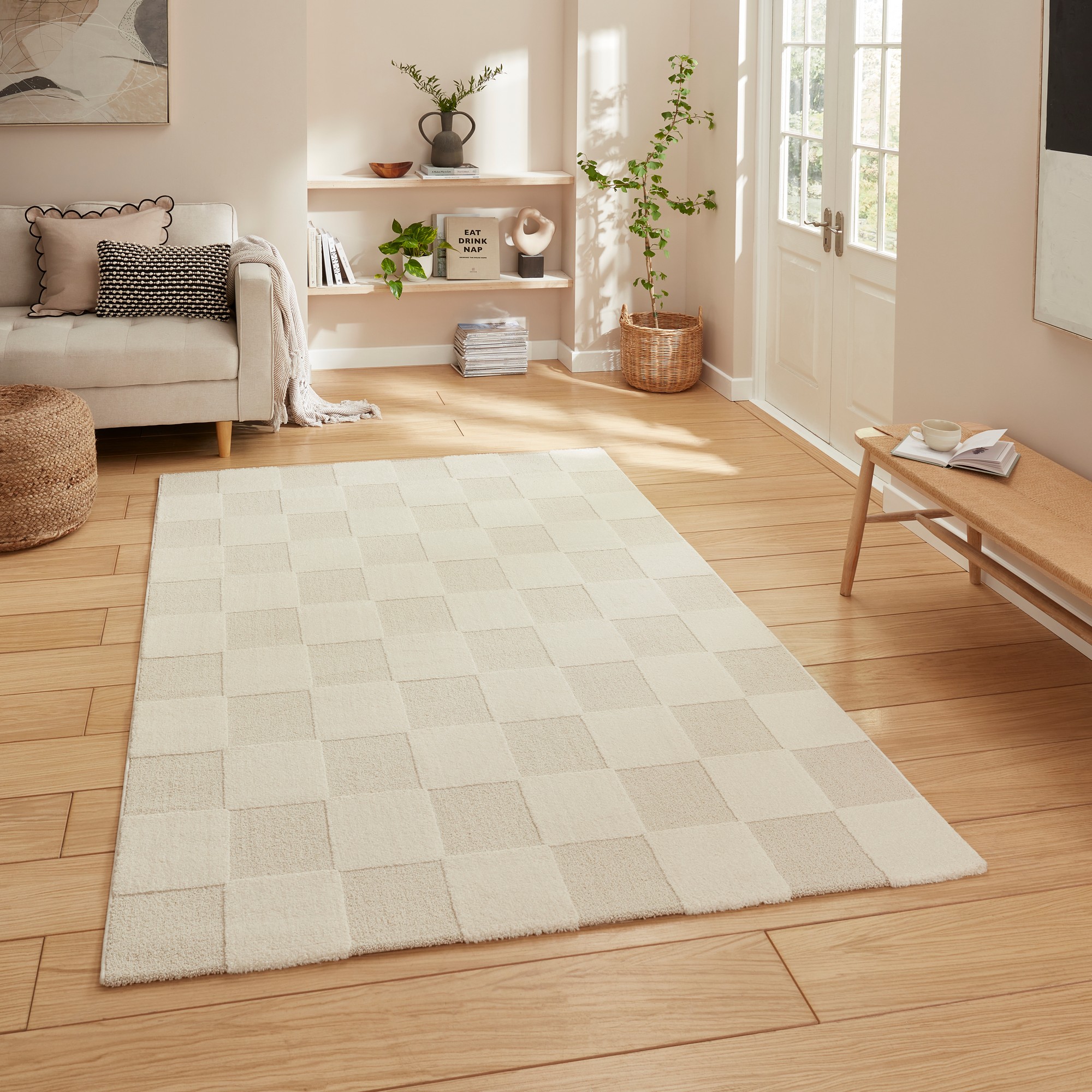 Elio 69924 Textured Geometric Modern Rugs In Cream White