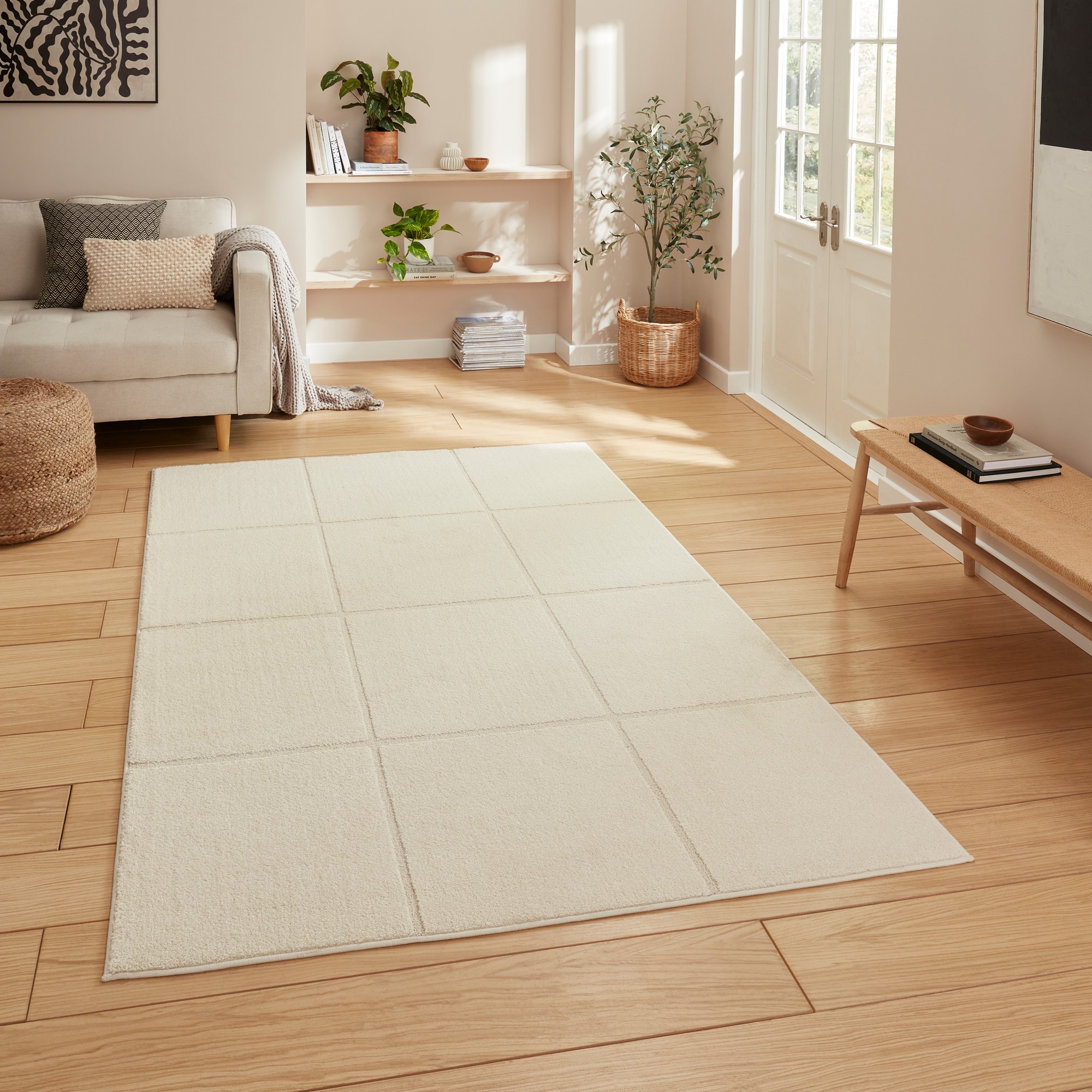 Elio 70100 Textured Geometric Modern Rugs In Cream White