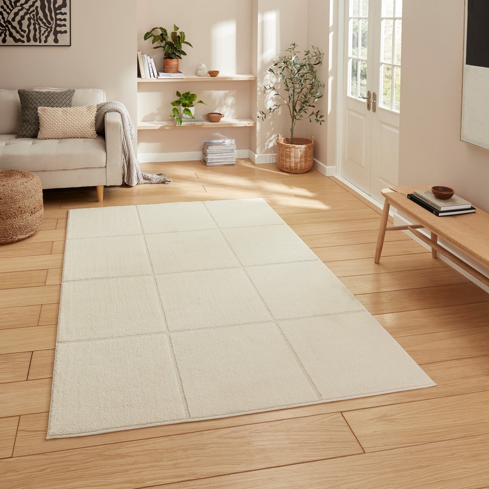 Elio 70100 Textured Geometric Modern Rugs in Cream White