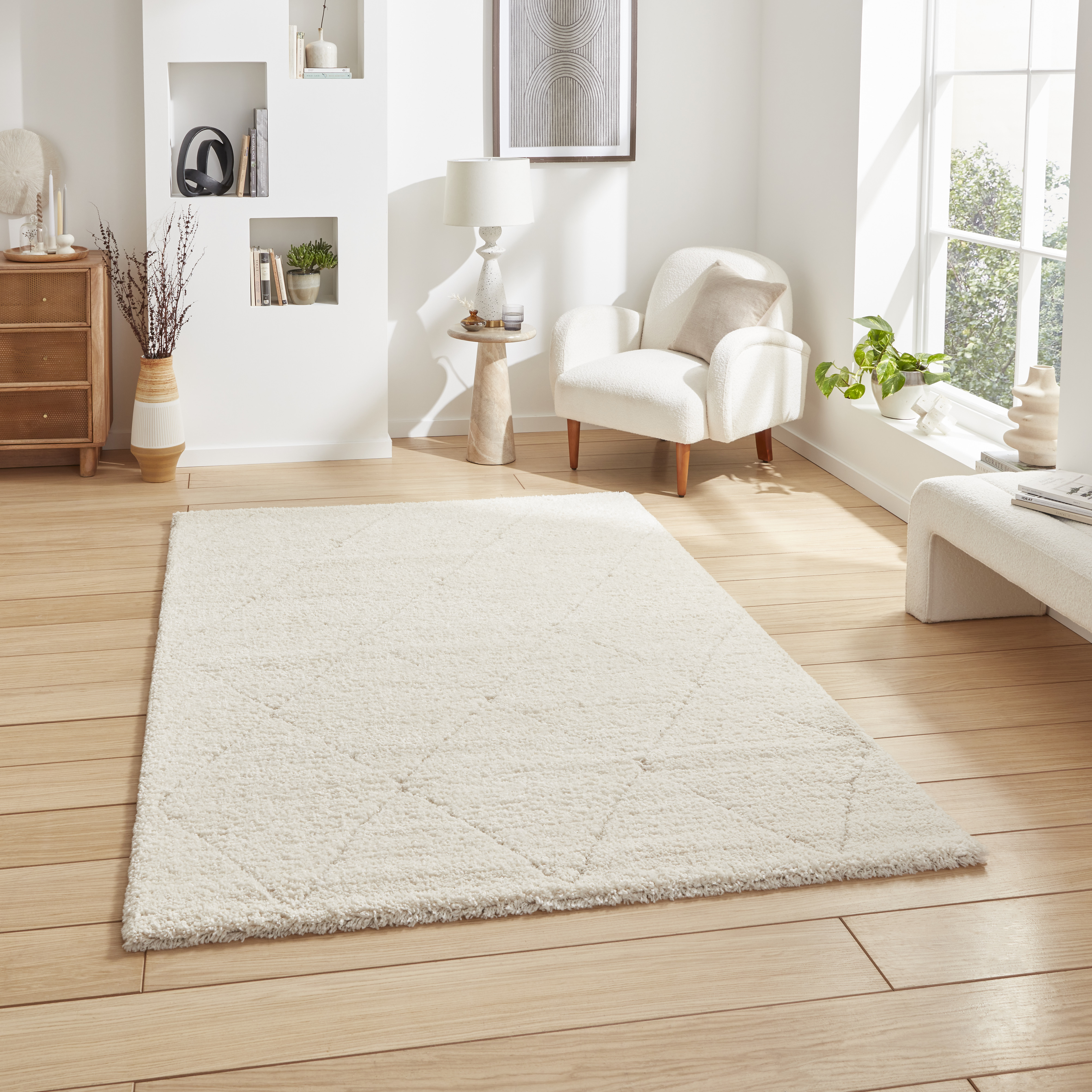 Ideal Shaggy 80260 Berber Geometric Rugs In Cream White