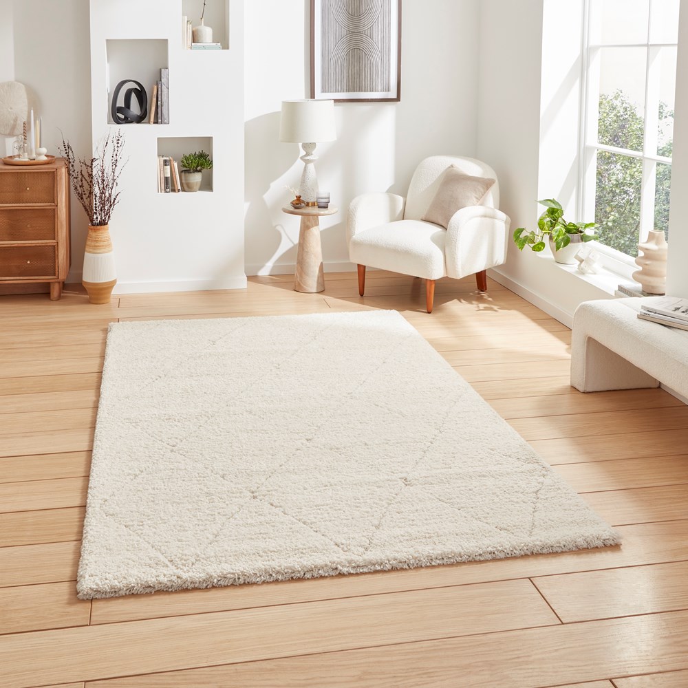 Ideal Shaggy 80260 Berber Geometric Rugs in Cream White