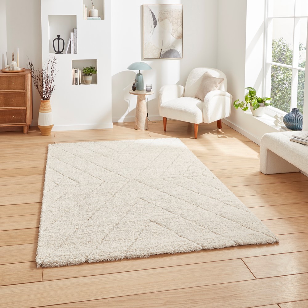 Ideal Shaggy 80362 Berber Geometric Rugs in Cream White