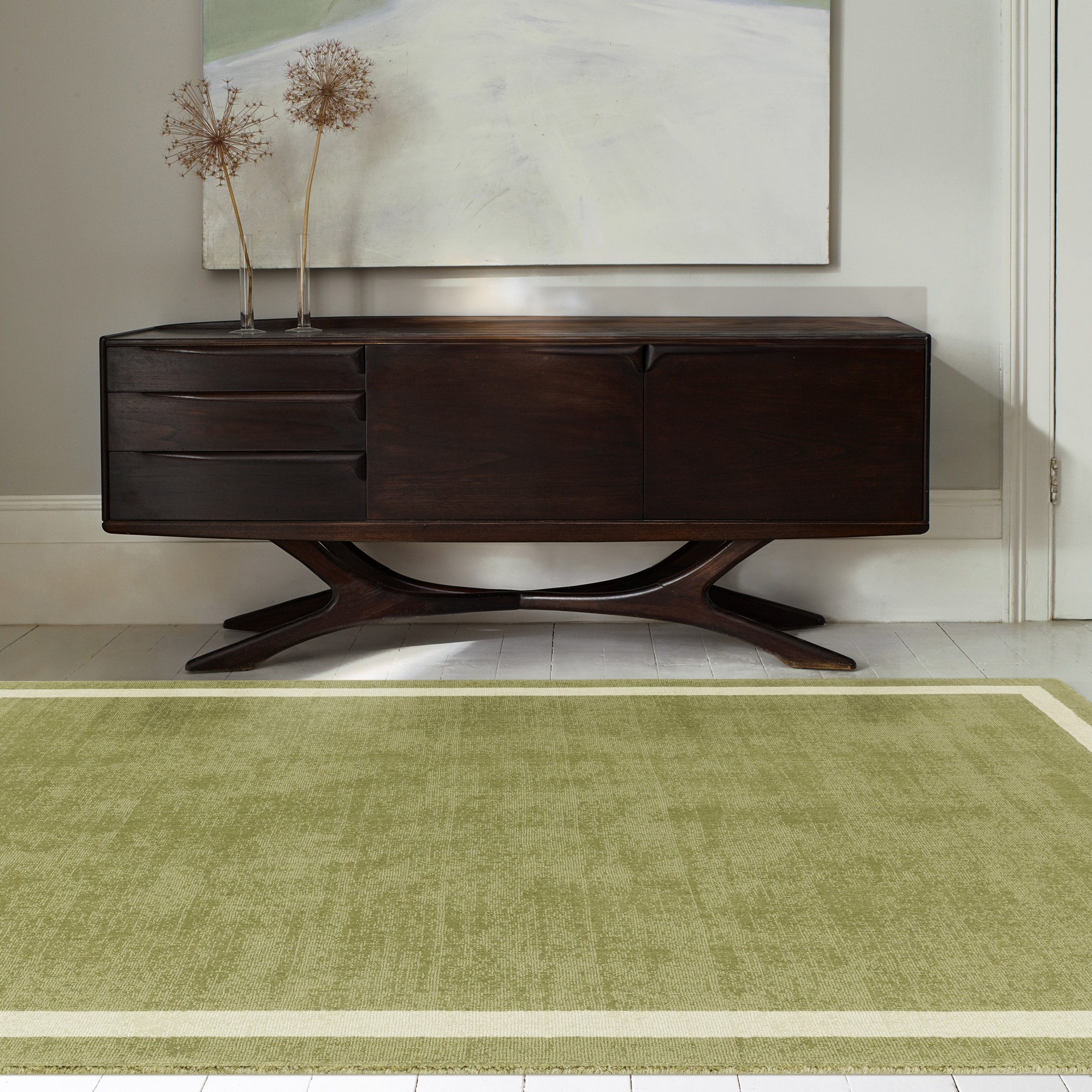 Albi Border Plain Classic Wool Rugs In Green