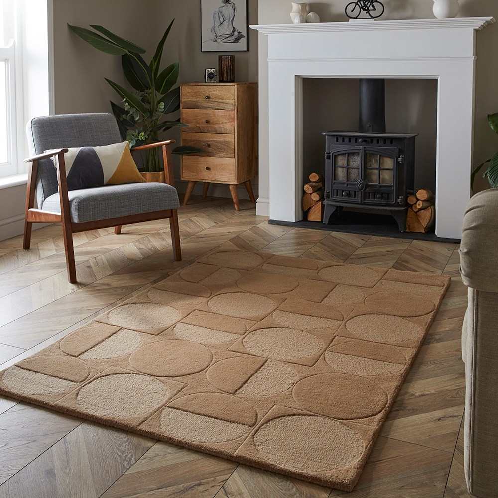 Arabella Mayfair Geometric Carved Wool Rugs in Taupe Brown