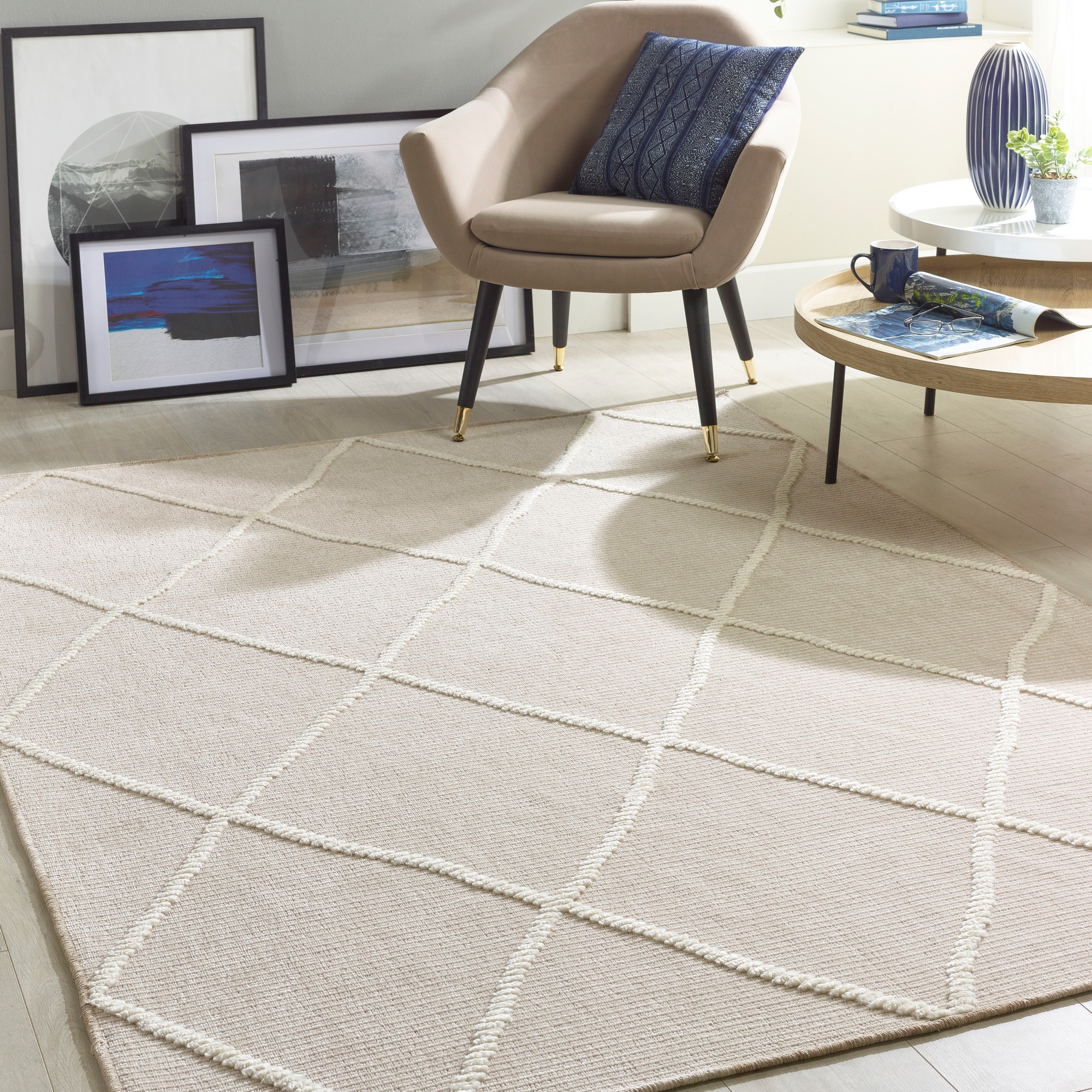 Argyle Boho Diamond Washable Rug By Origins In Cream White