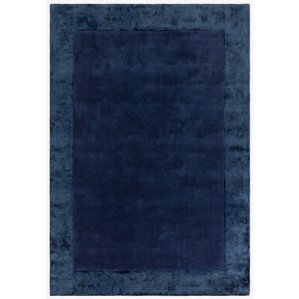 Ascot Plain Modern Bordered Wool Rugs in Navy Blue