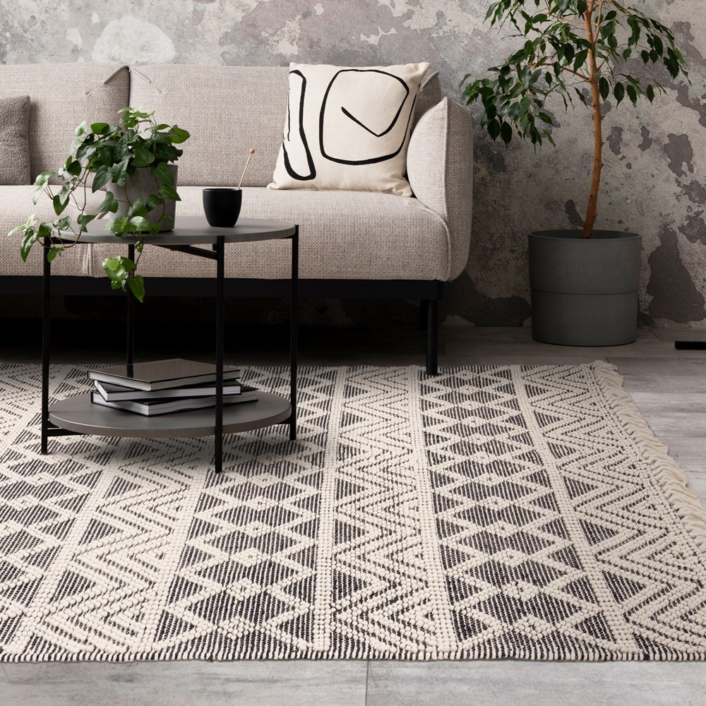 Asra Boho Tribal Fringed Wool Flatweave Rug in Black