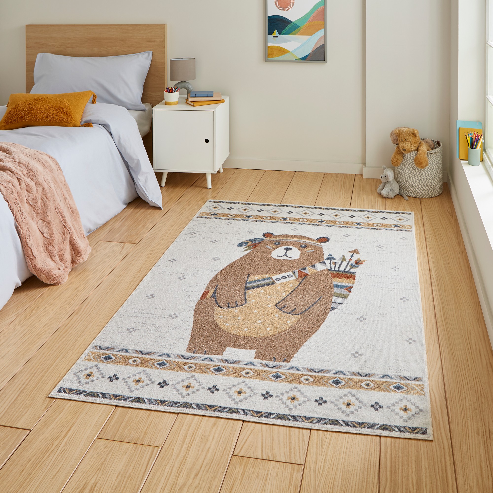 Vida Kids Bear Washable Childrens Rugs In Brown Multi