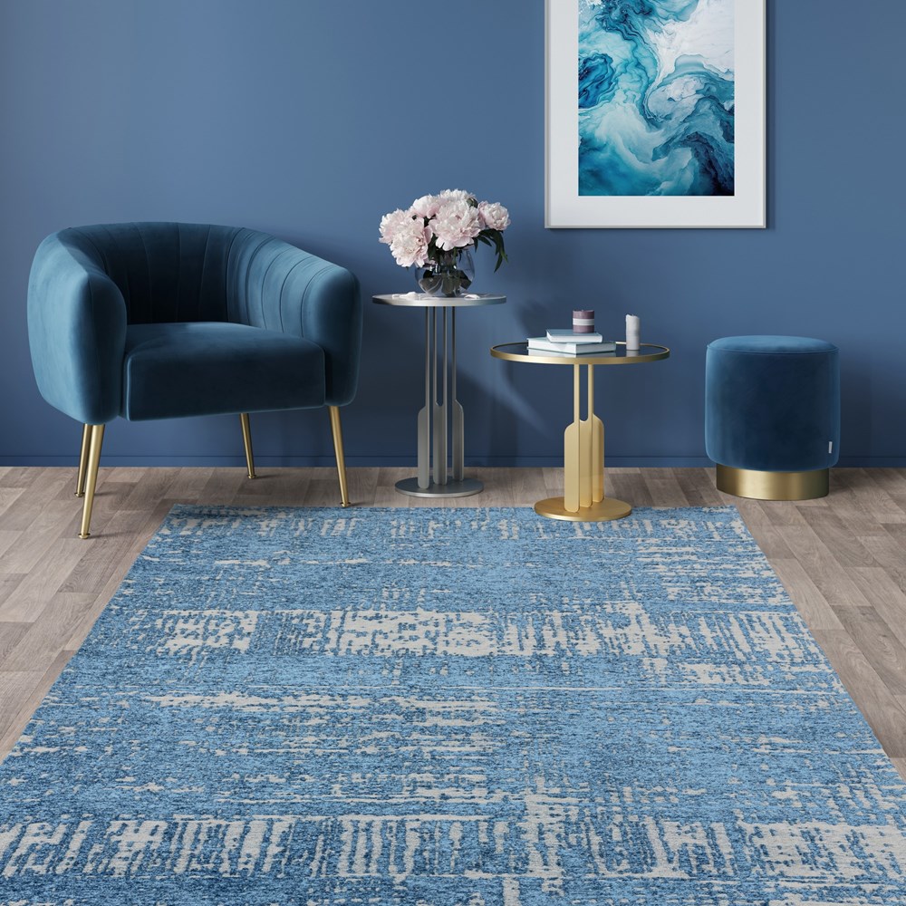 Beau Abstract Textured Flatweave Rug in Denim Blue