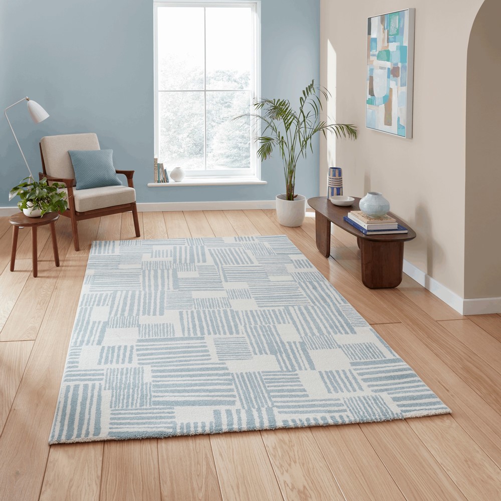 Blocks Modern Geometric Washable Rugs by Catherine Lansfield in Blue