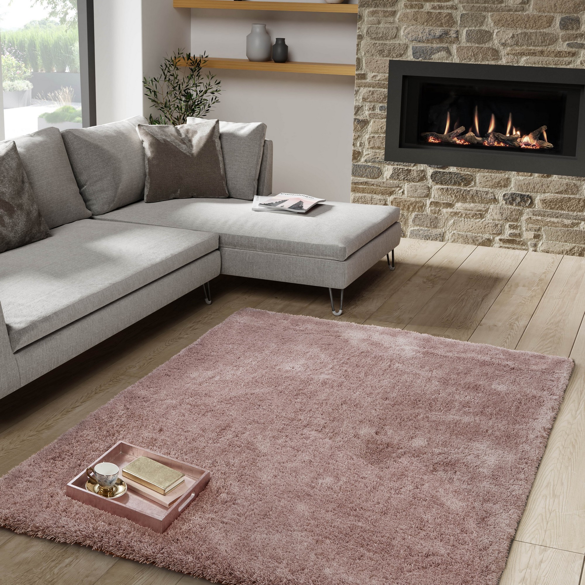 Breeze Plain Shaggy Modern Rugs In Blush Pink