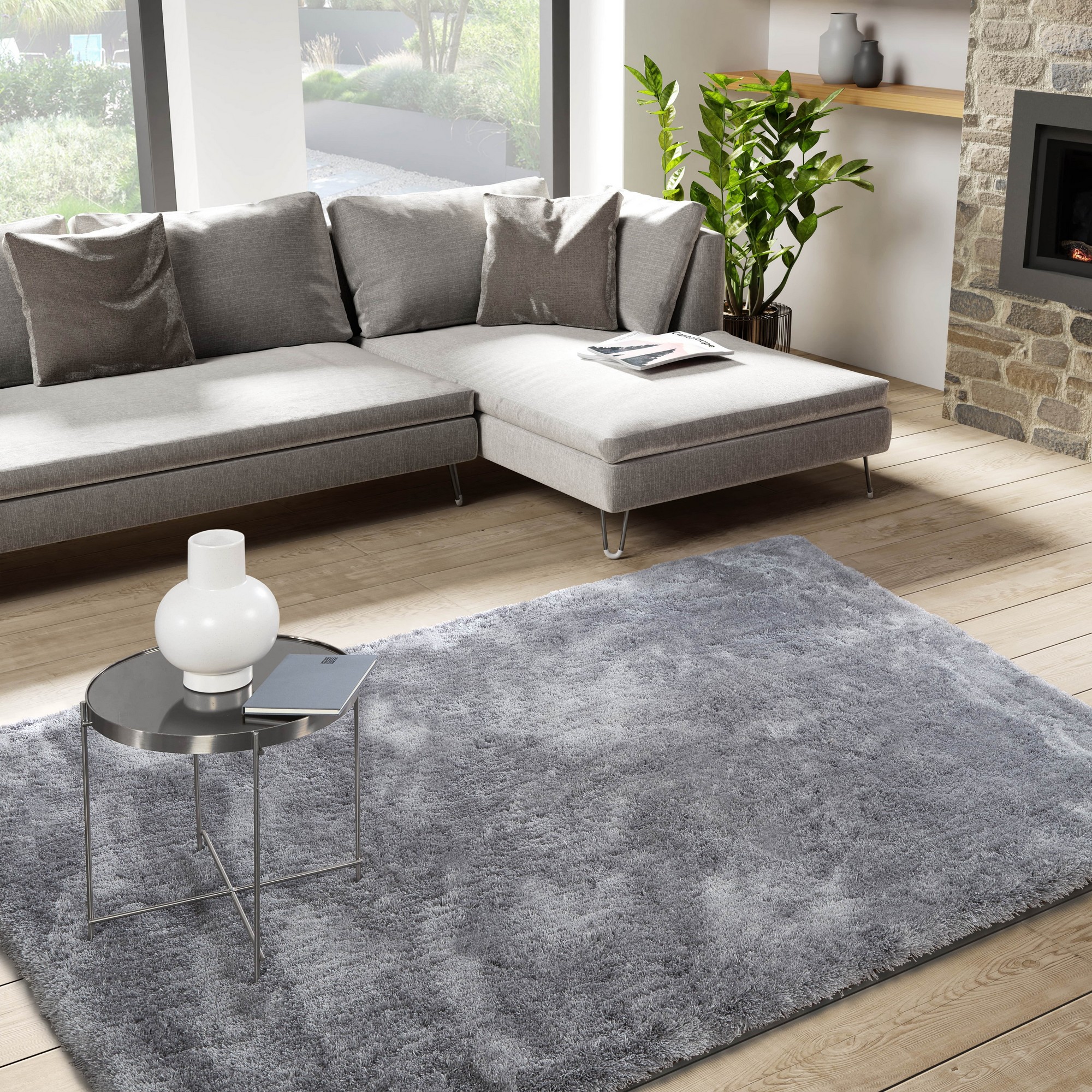 Breeze Plain Shaggy Modern Rugs In Silver Grey