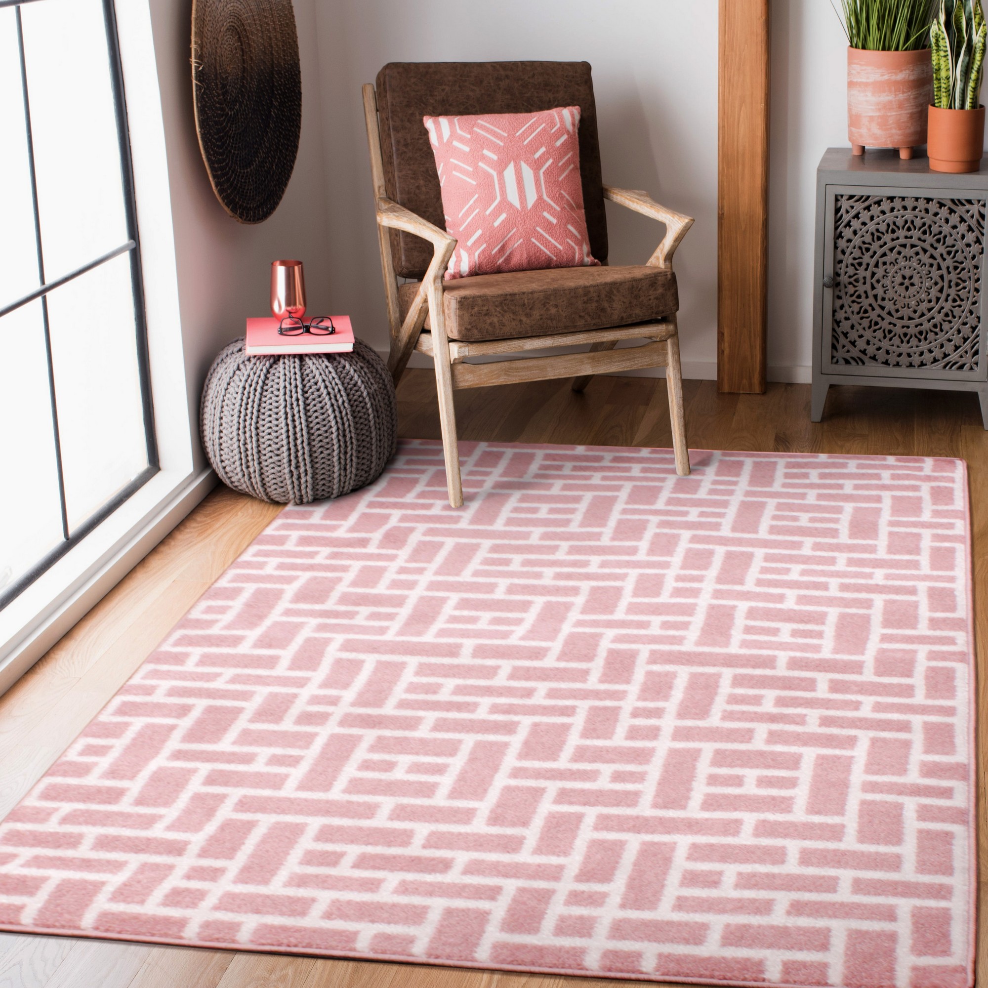 Brick Wall Geometric Modern Rug In Blush Pink