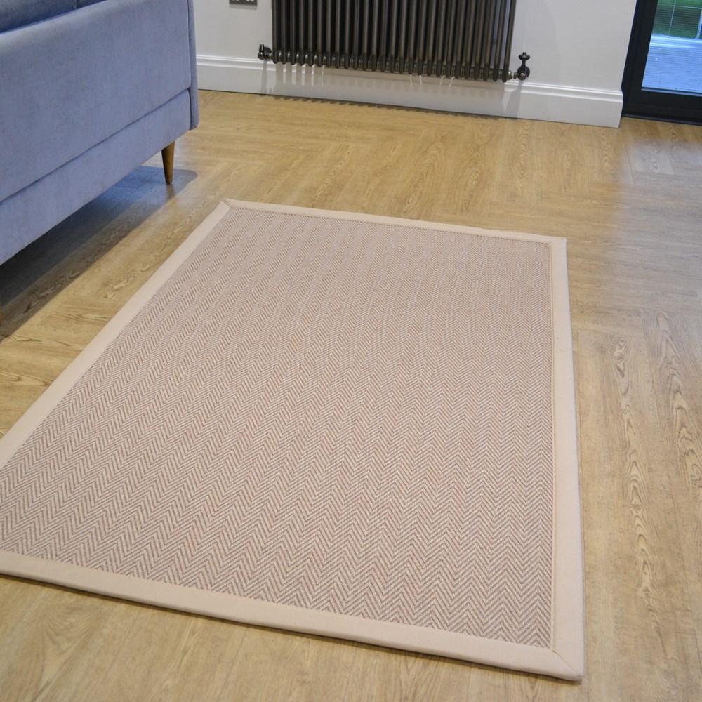 Chevron Easycare Plain Border Rug in Cotswold Beige