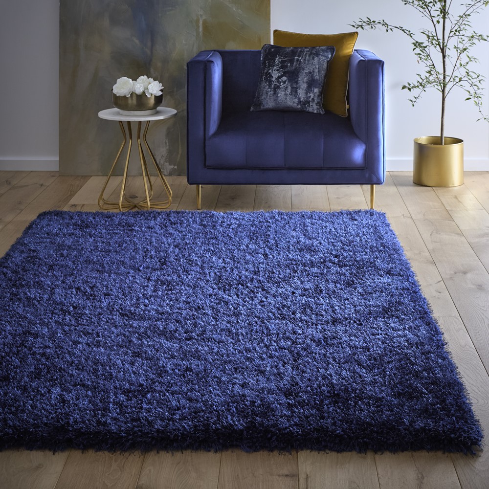 Chicago Shaggy Modern Plain Rugs in Indigo Blue