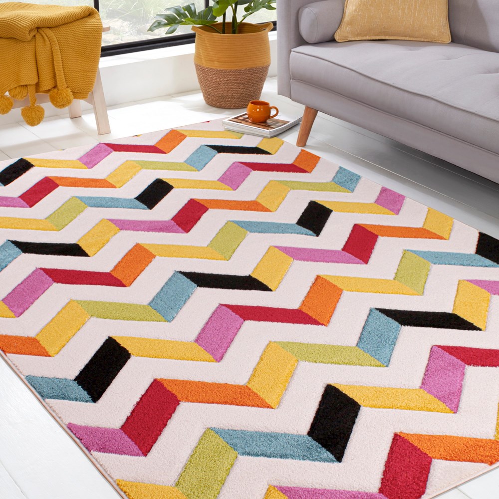 Spectra Coral Carved Chevron Modern Rugs in Multi