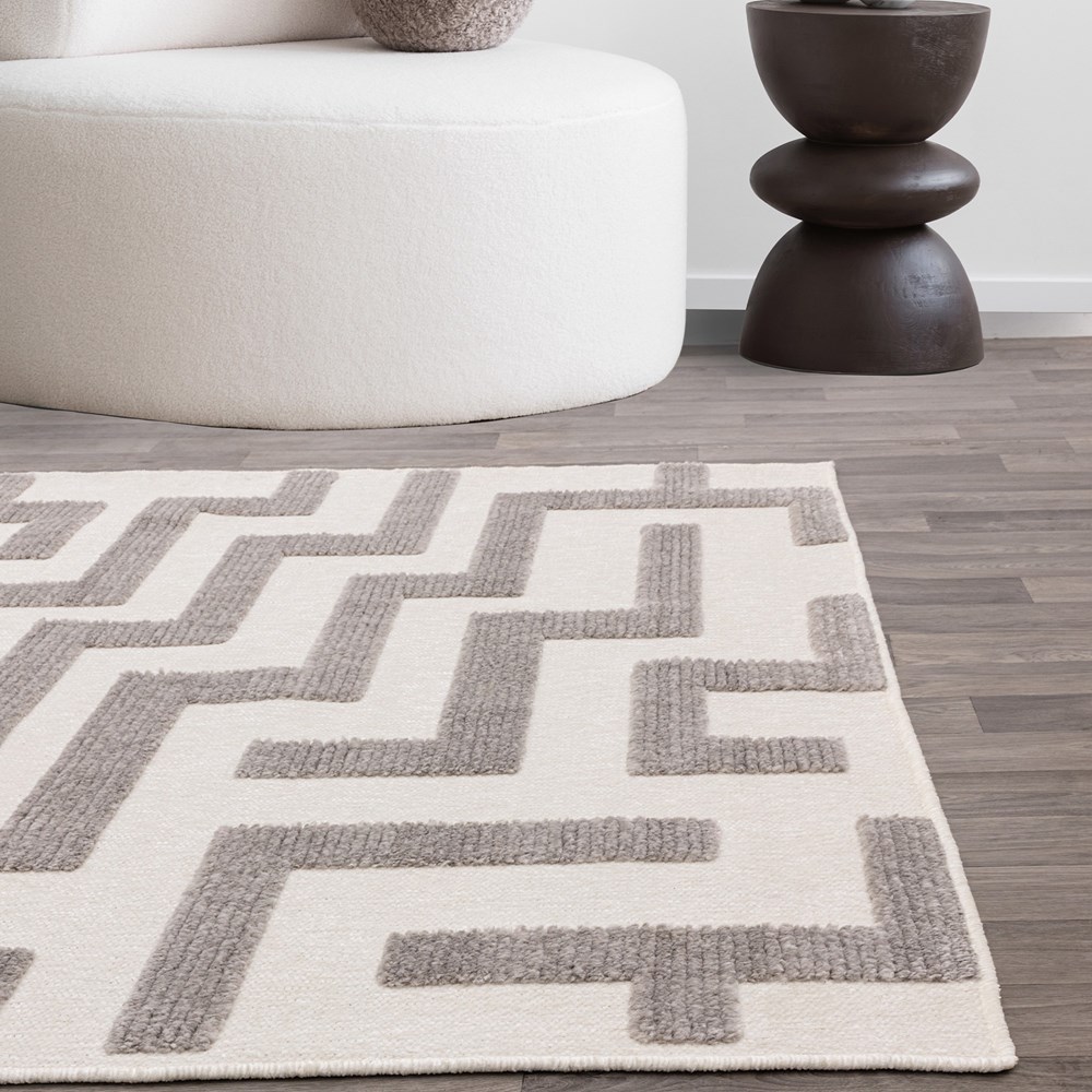 Freja Cove Boho Textured Geometric Washable Rugs in Grey