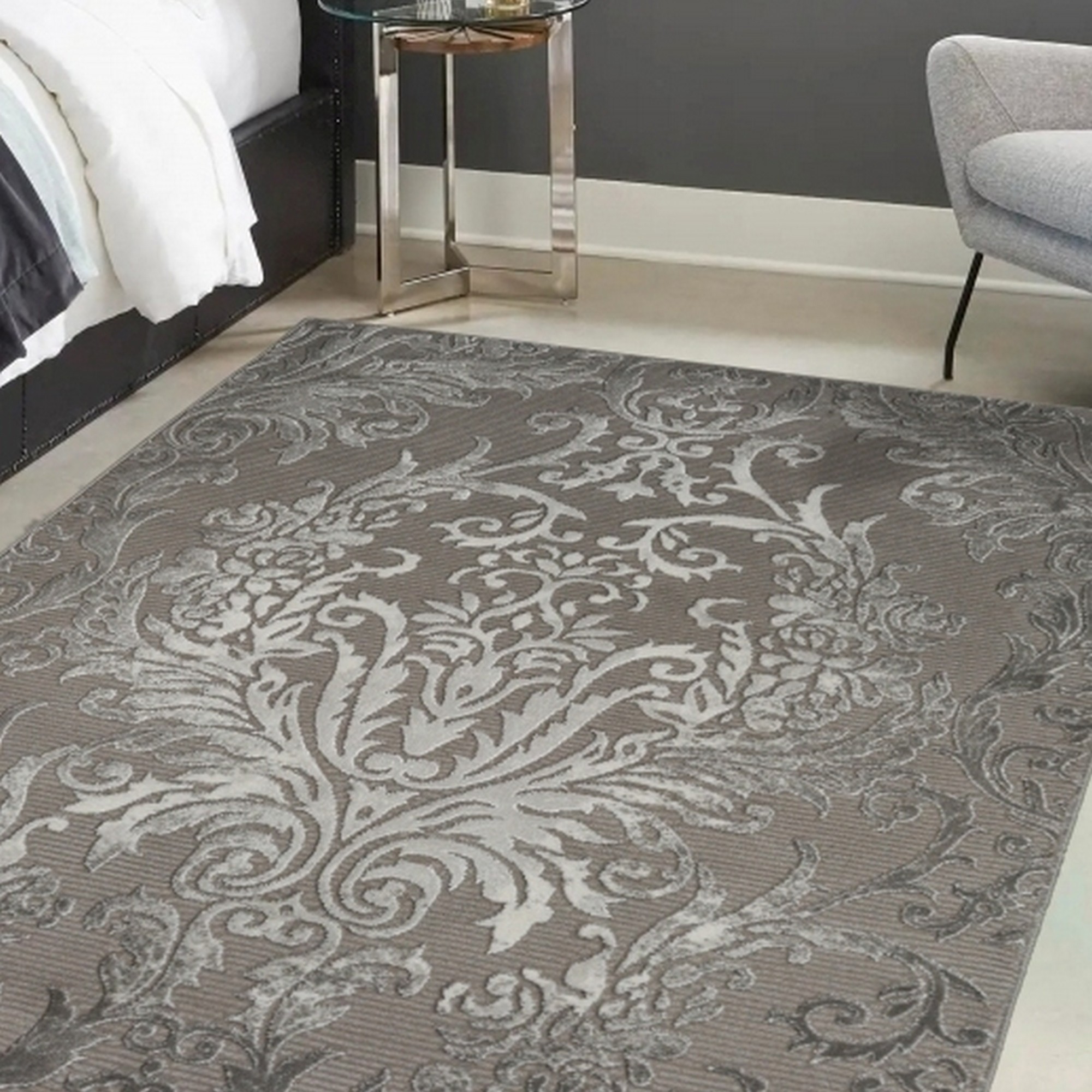 Avery Damask Modern Textured Rugs In Grey