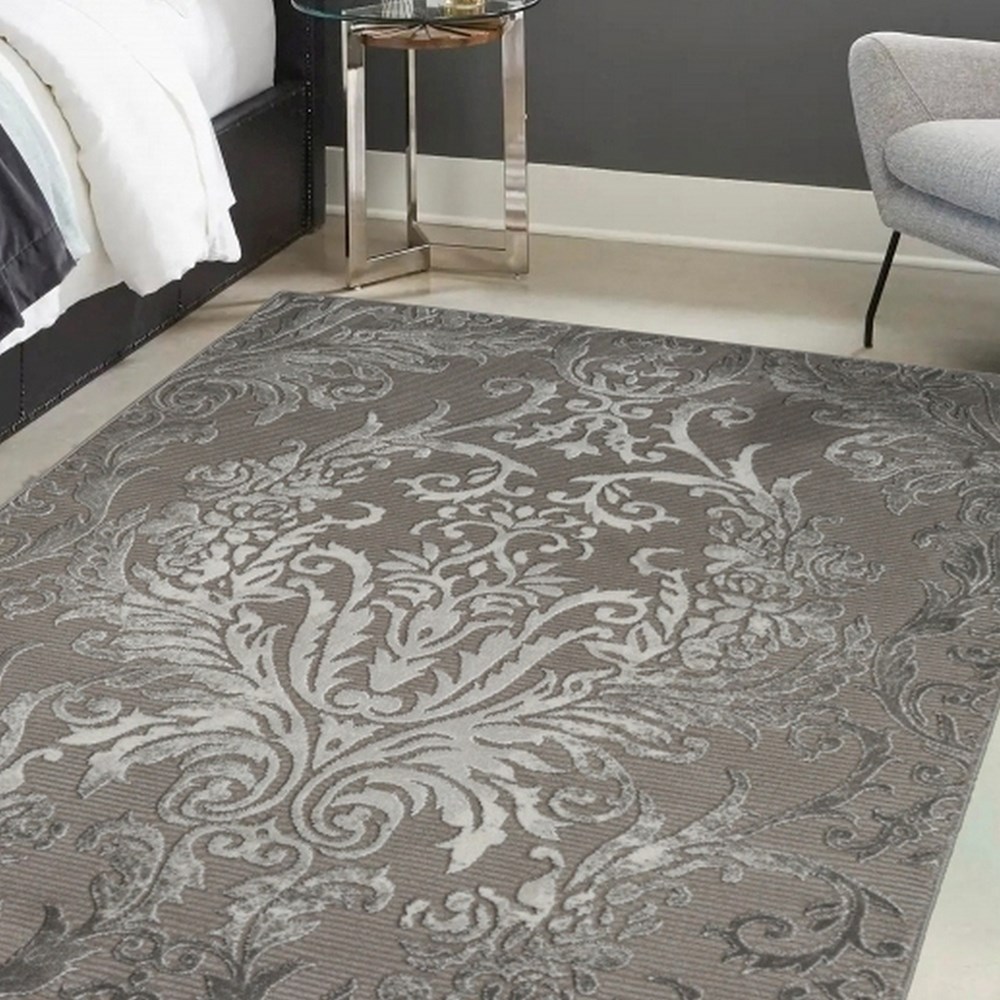 Avery Damask Modern Textured Rugs in Grey