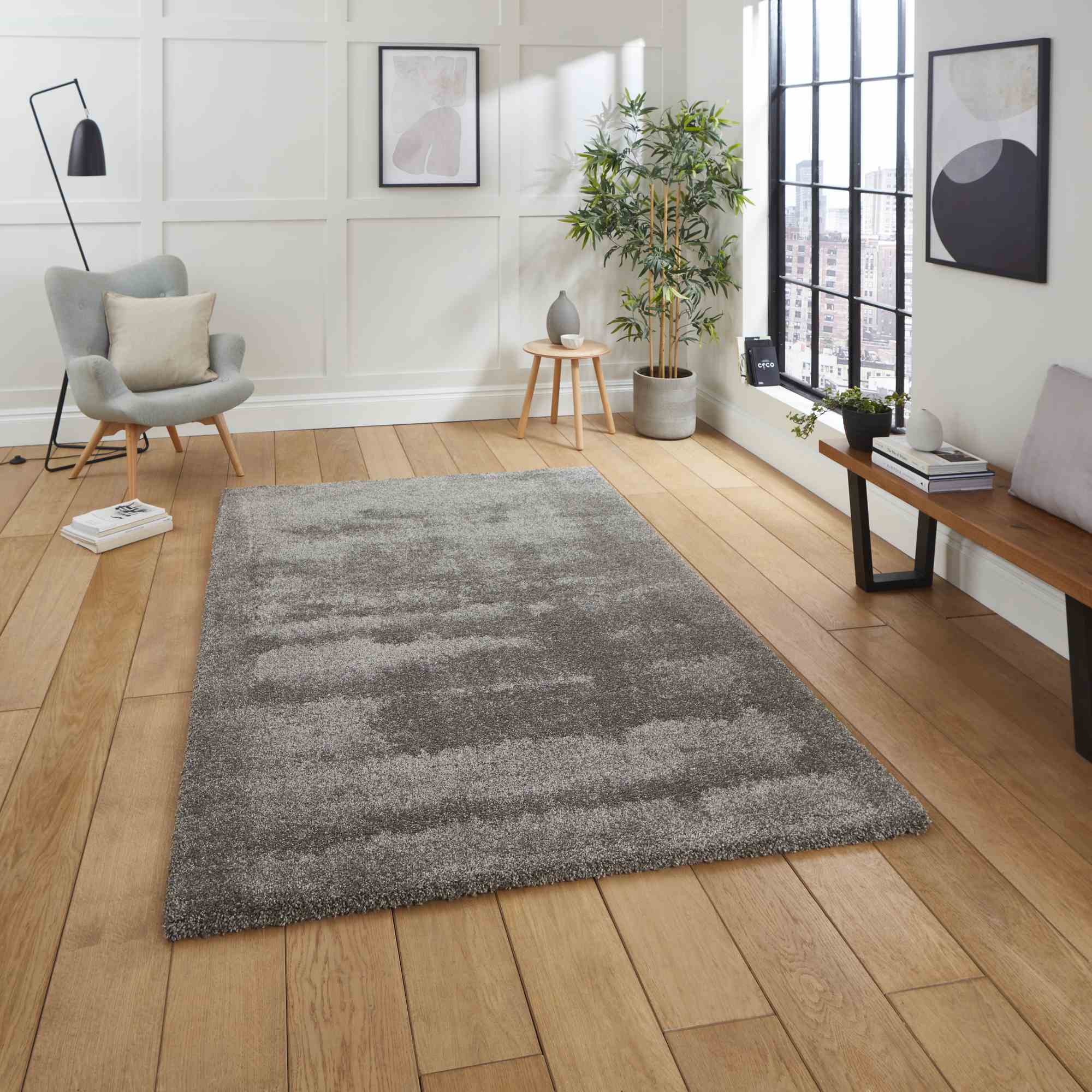 Deluxe Modern Plain Shaggy Rugs In Grey