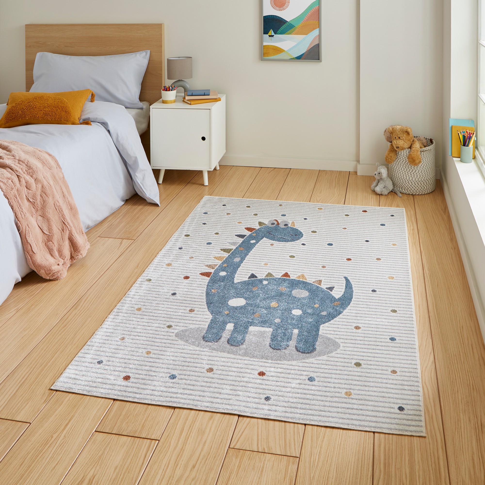 Vida Kids Dinosaur Washable Childrens Rugs In Blue Multi