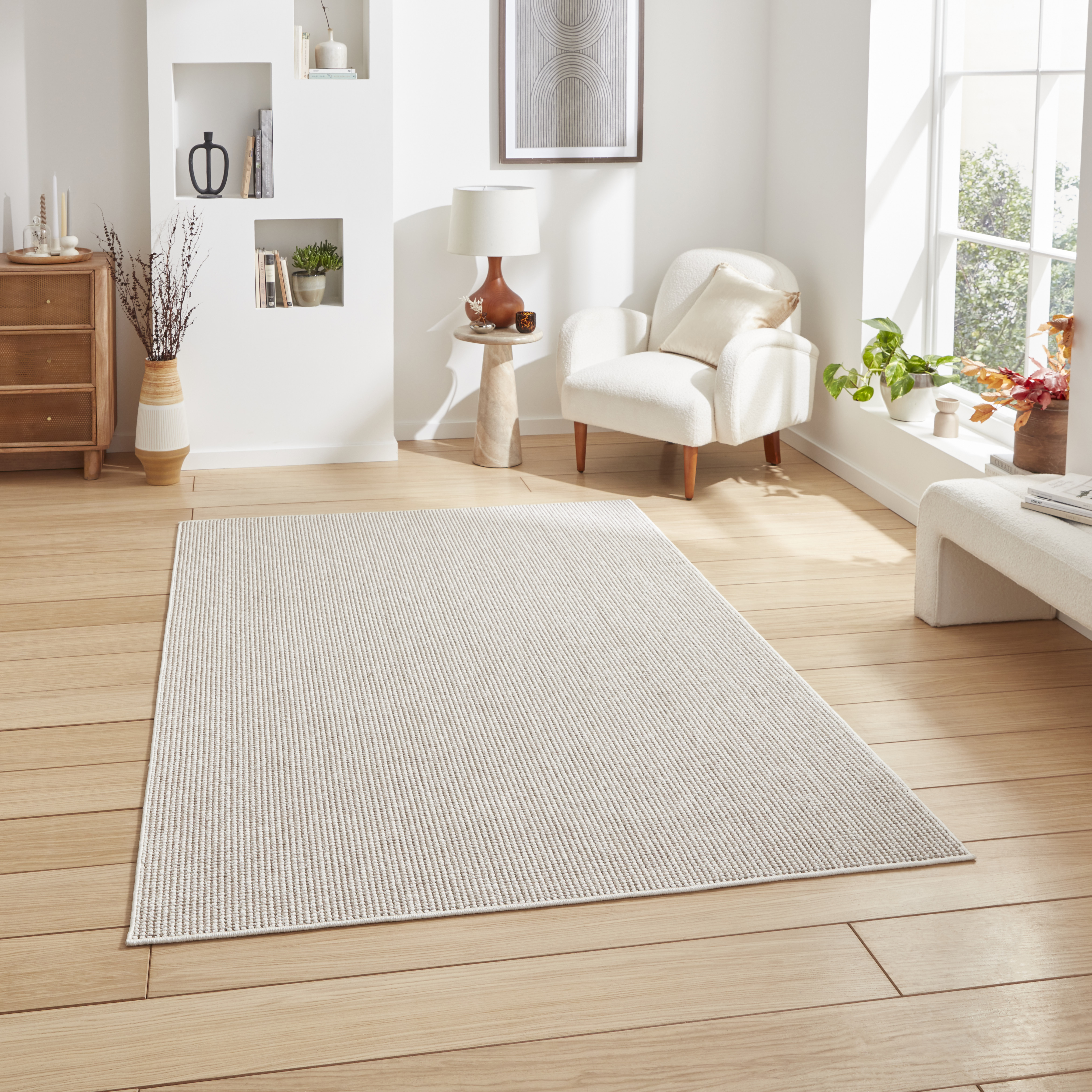 Boucle E6404 Plain Flat Weave Textured Rugs In White Brown