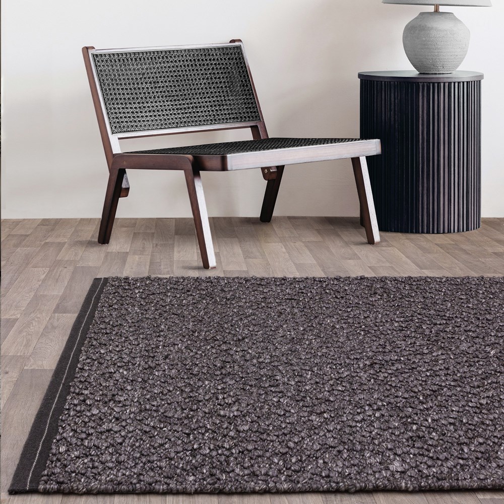 Elm Plain Boho Wool Flatweave Rugs in Charcoal Grey