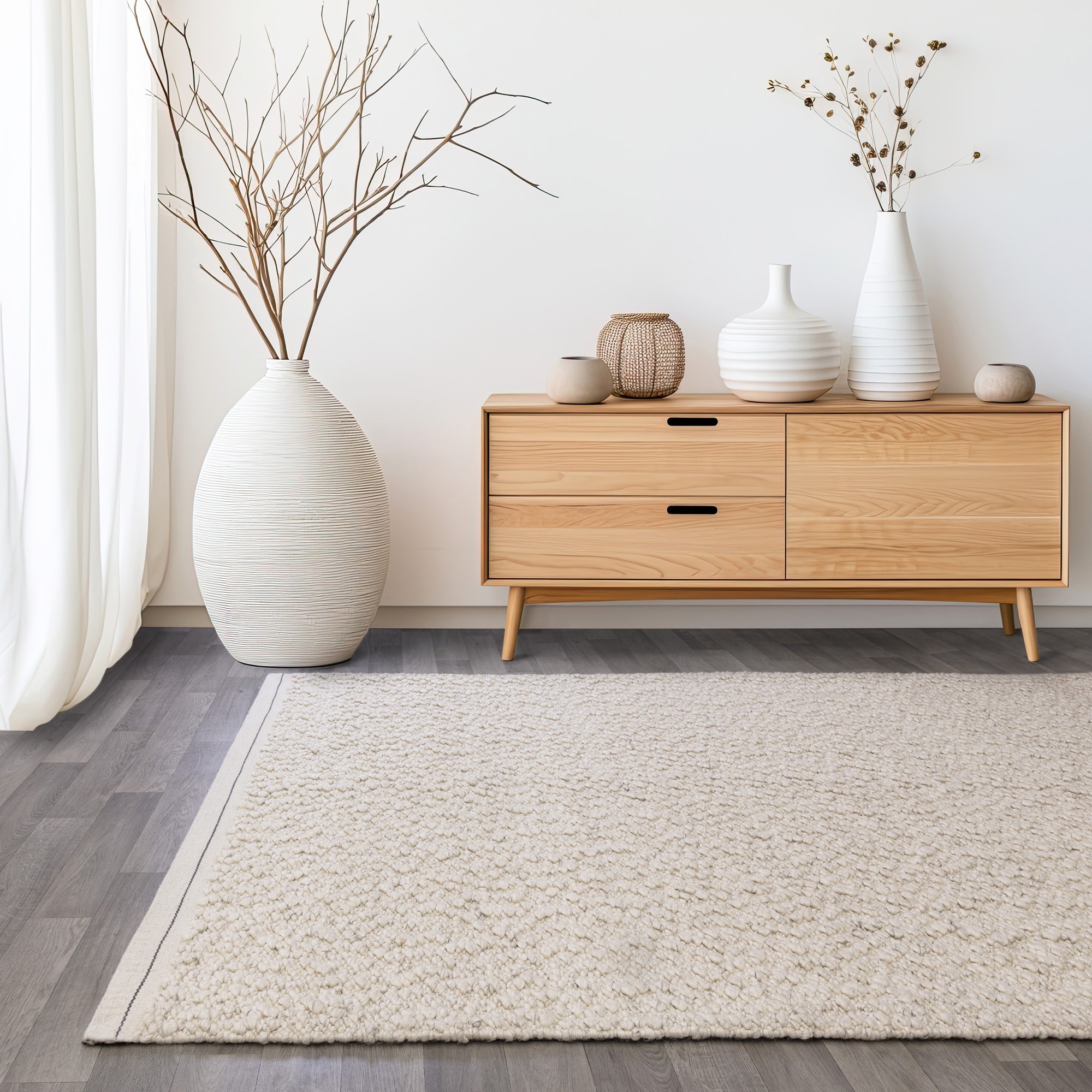 Elm Plain Boho Wool Flatweave Rugs In Ivory White