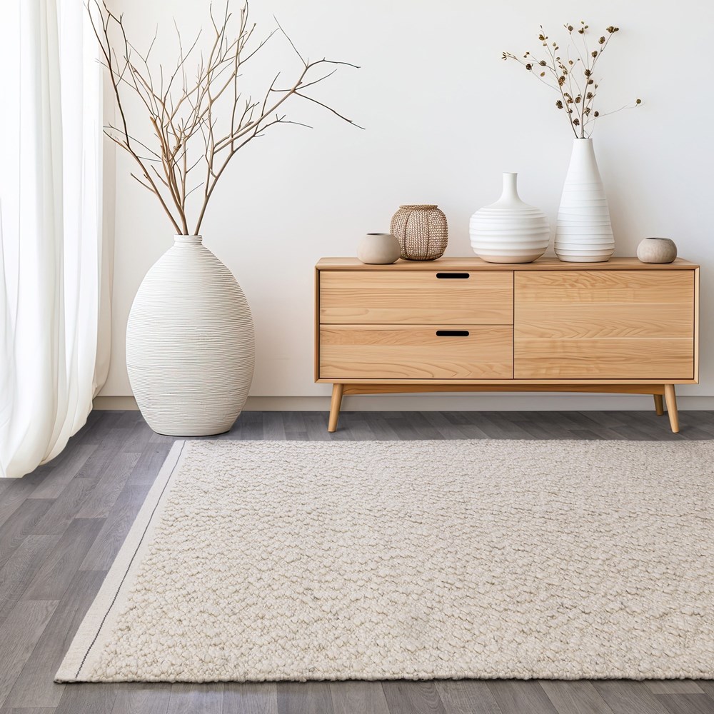 Elm Plain Boho Wool Flatweave Rugs in Ivory White