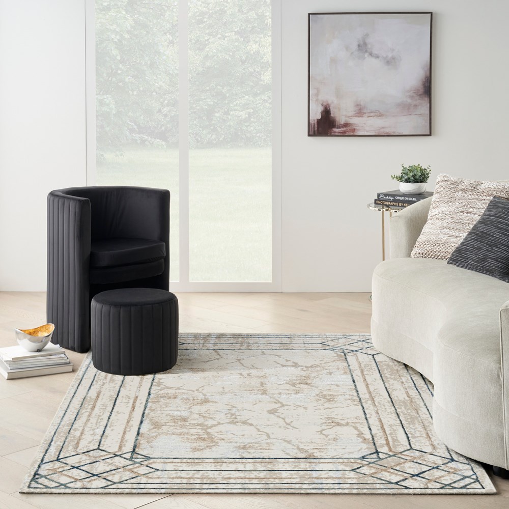 Glitz GLZ03 Geometric Framed Rugs by Nourison in Ivory Taupe