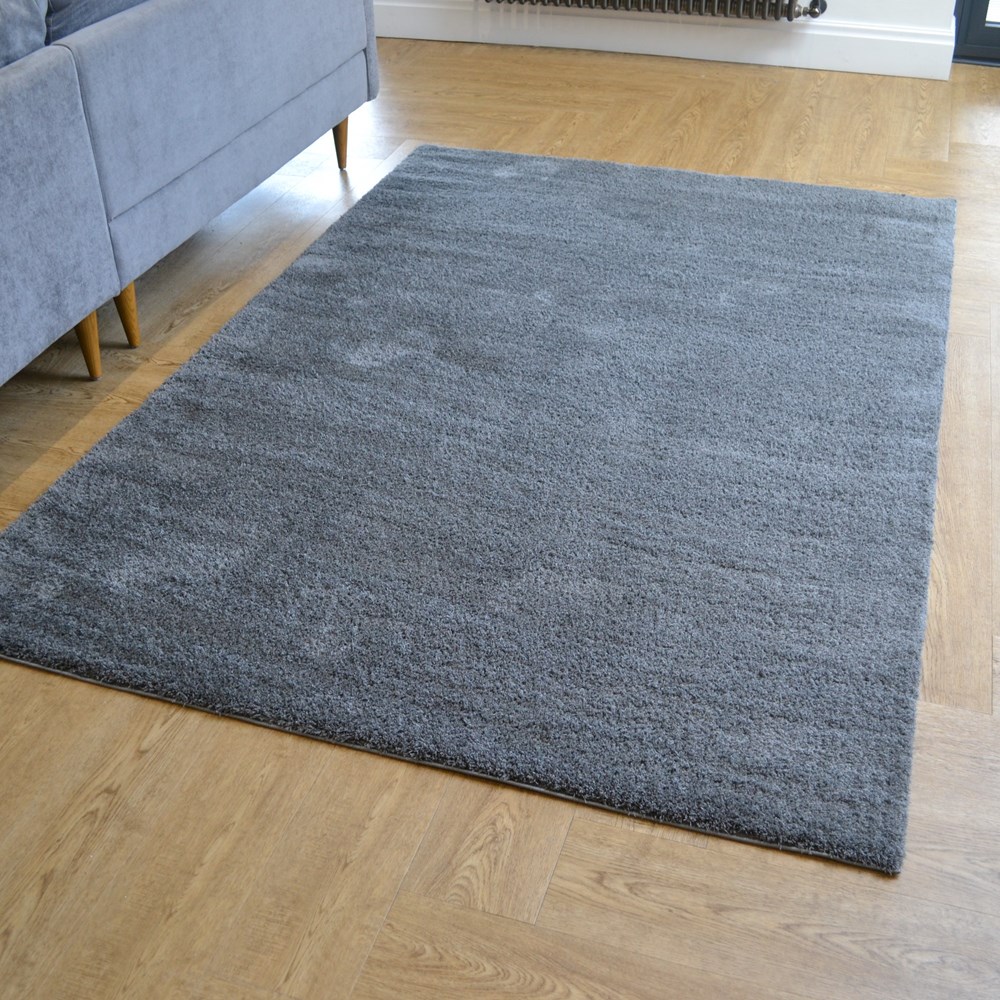 Goldy Shaggy Plain Modern Rugs in Anthracite Grey