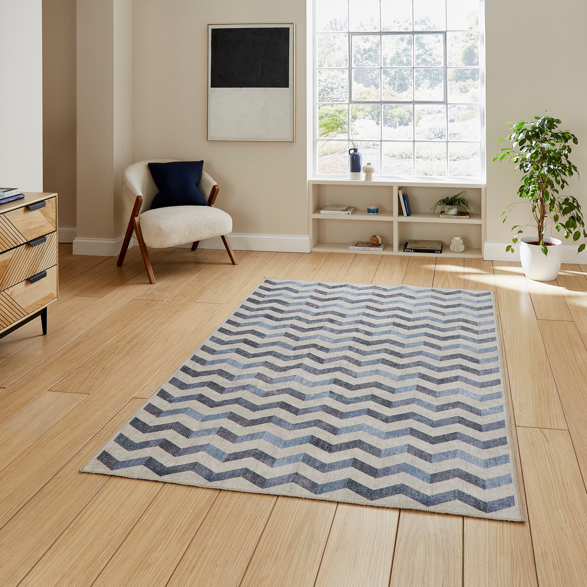 Coral H1059 Modern Washable Chevron Rugs In Blue