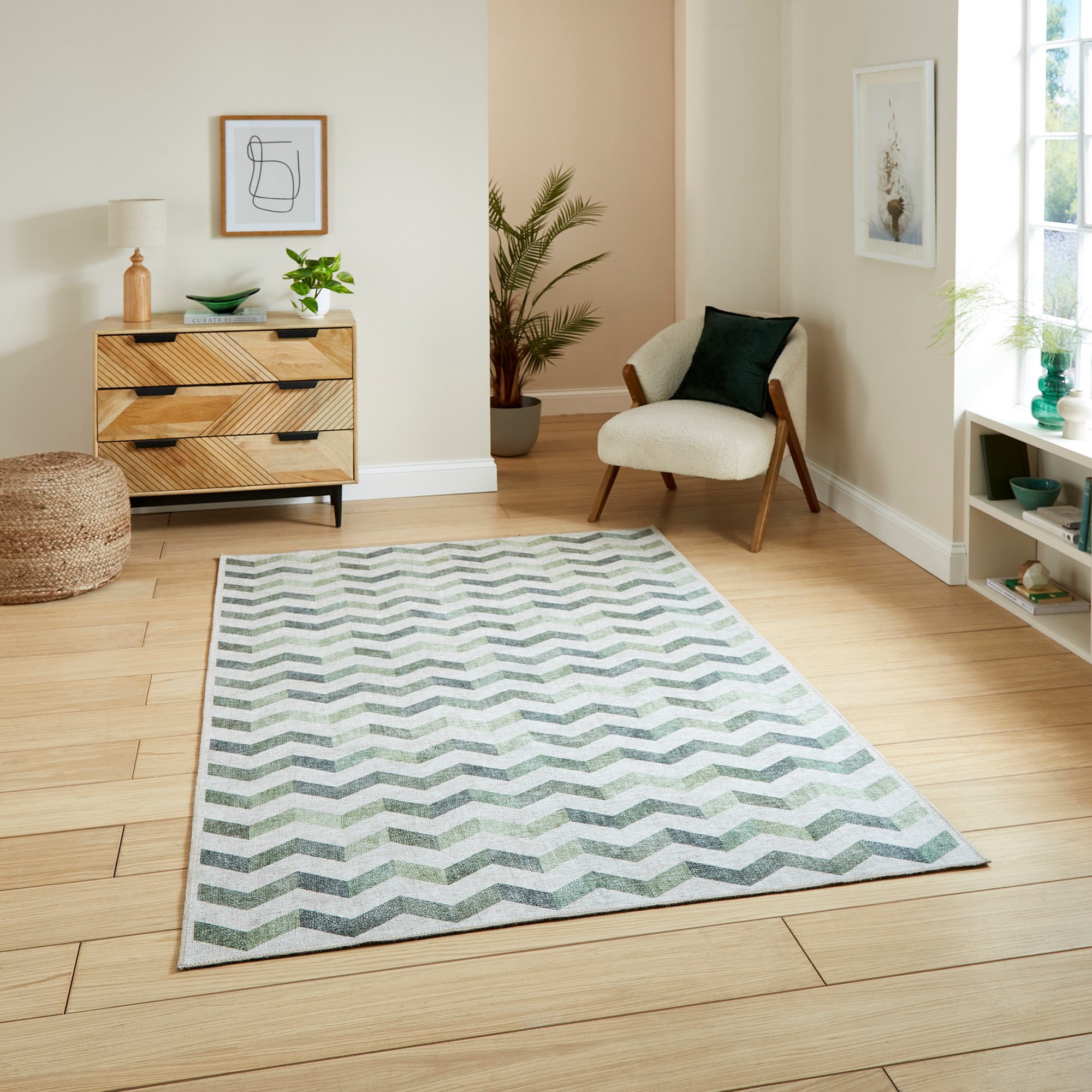 Coral H1059 Modern Washable Chevron Rugs In Green