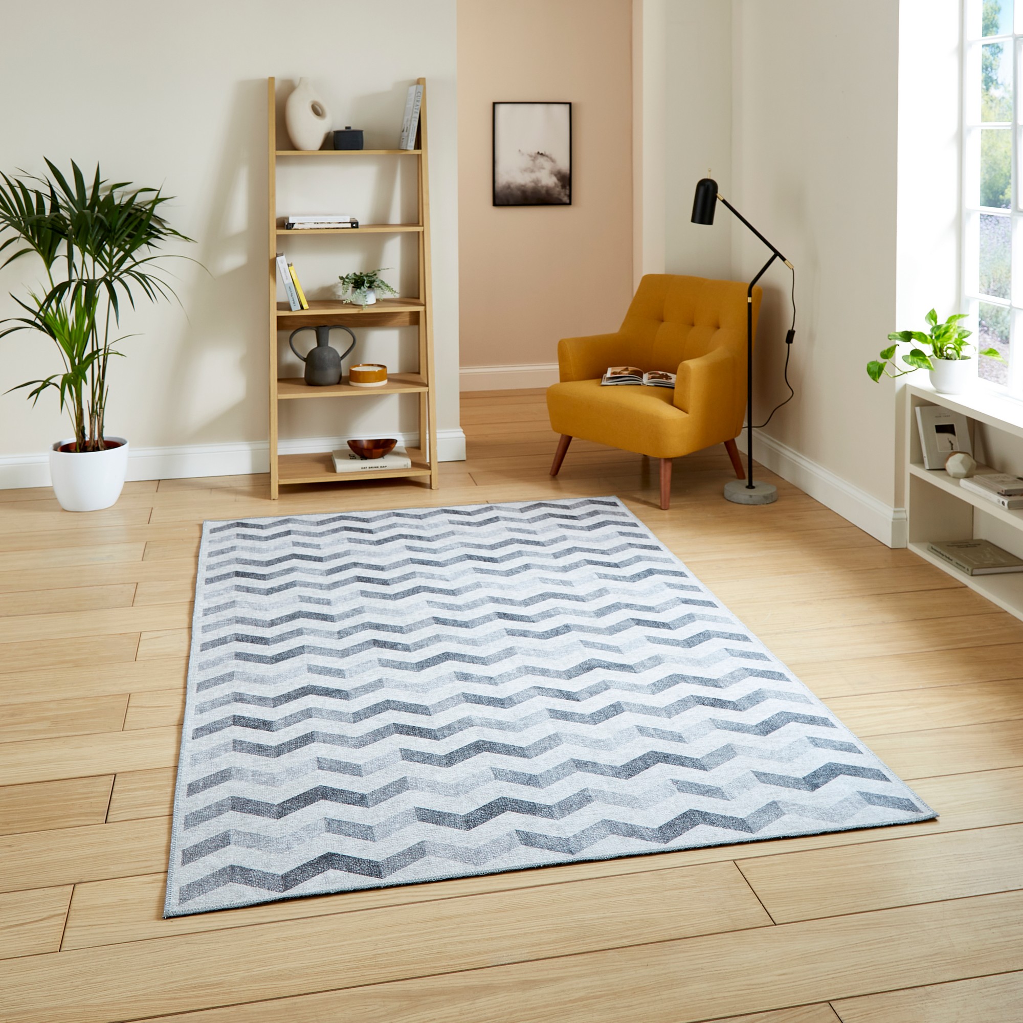 Coral H1059 Modern Washable Chevron Rugs In Grey