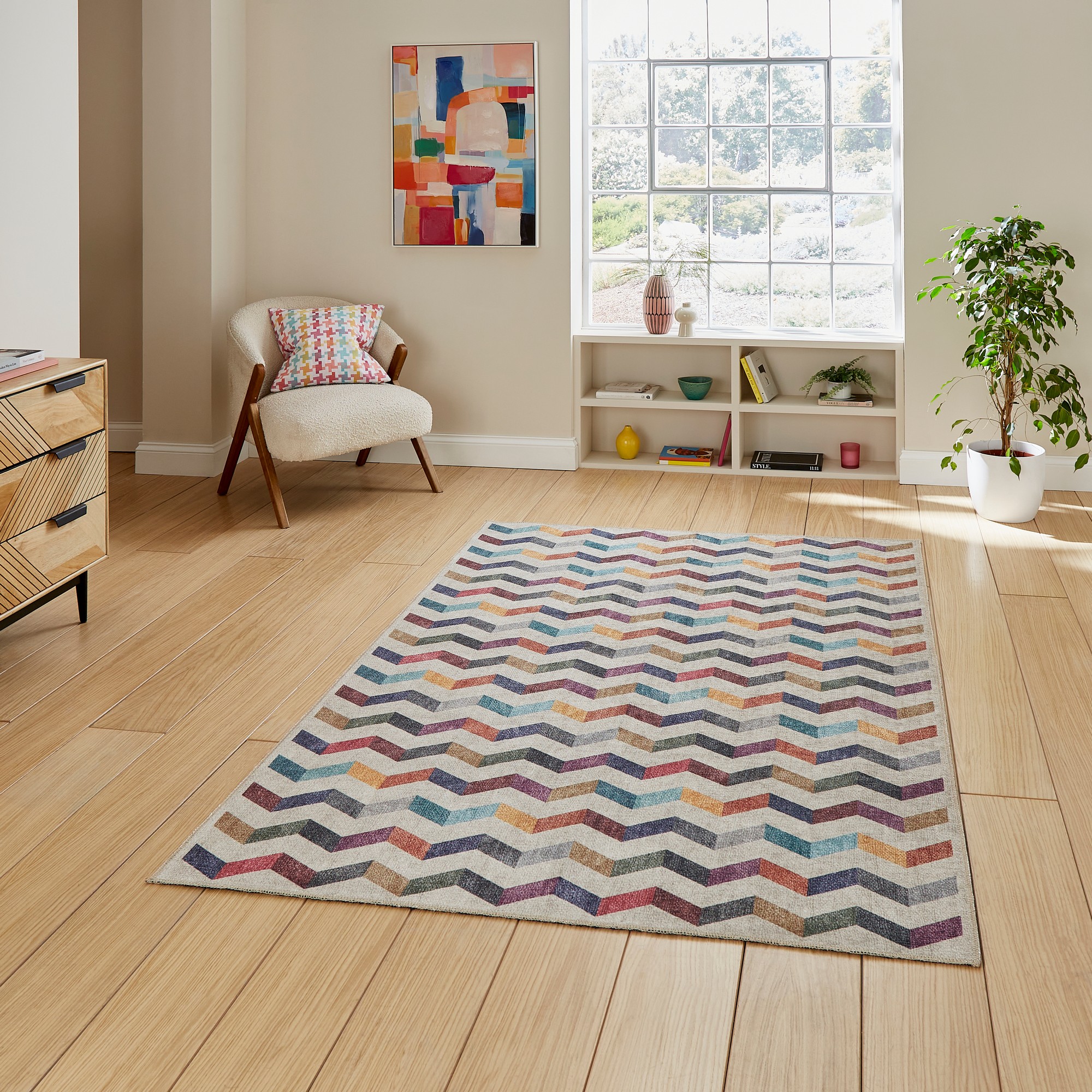 Coral H1059 Modern Washable Chevron Rugs In Multi