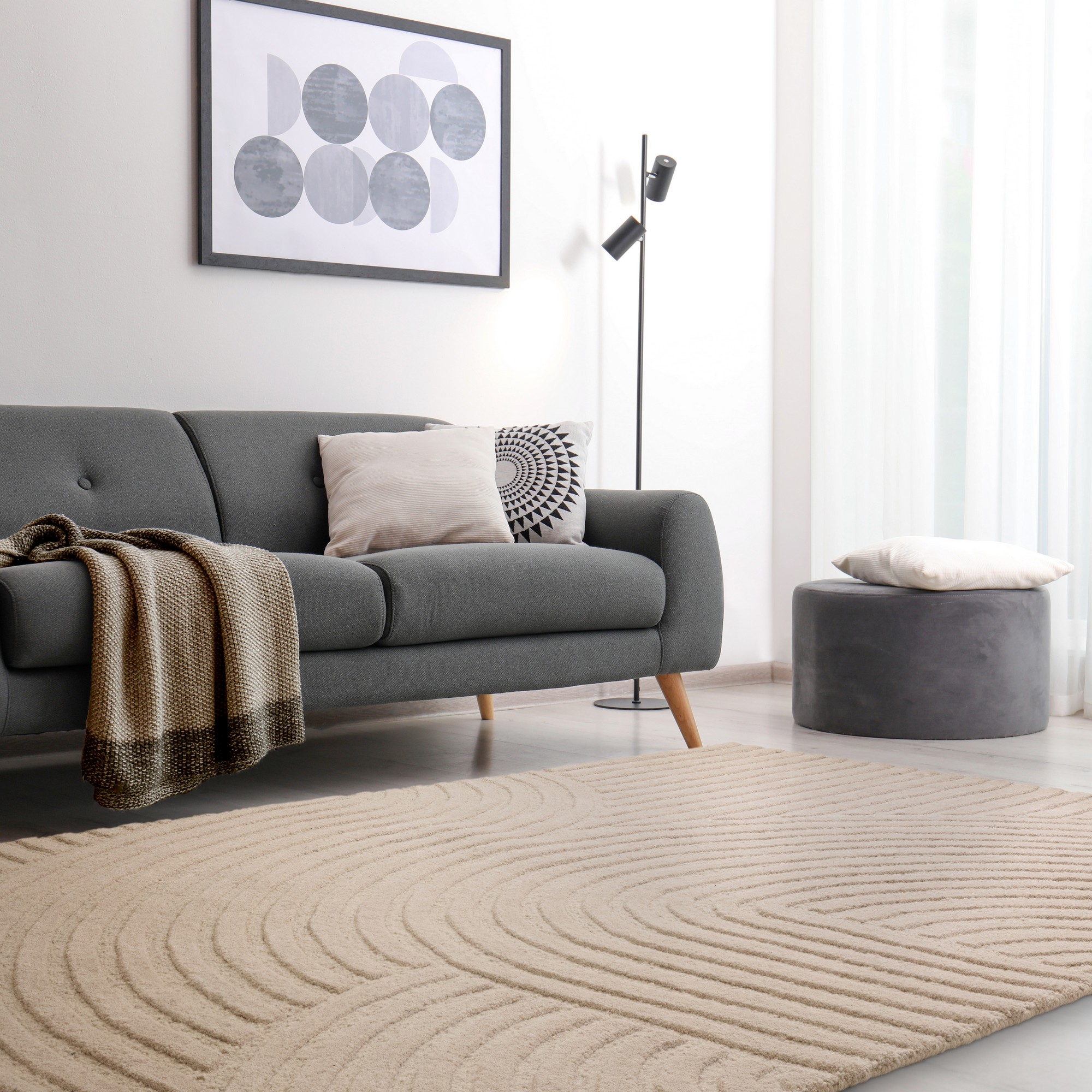 Hague Geometric Textured Wool Rugs In Sand Beige