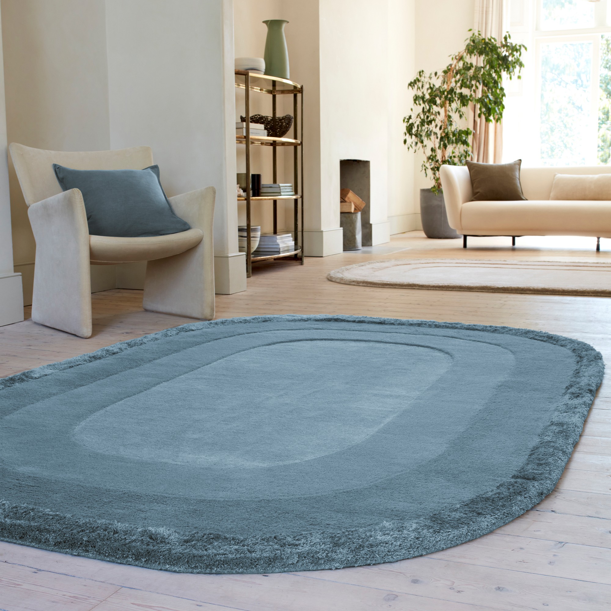 Halo Curved Modern Wool Carved Rugs In Denim Blue