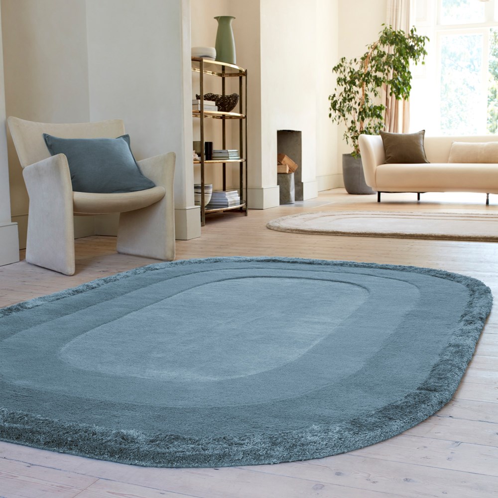 Halo Curved Modern Wool Carved Rugs in Denim Blue