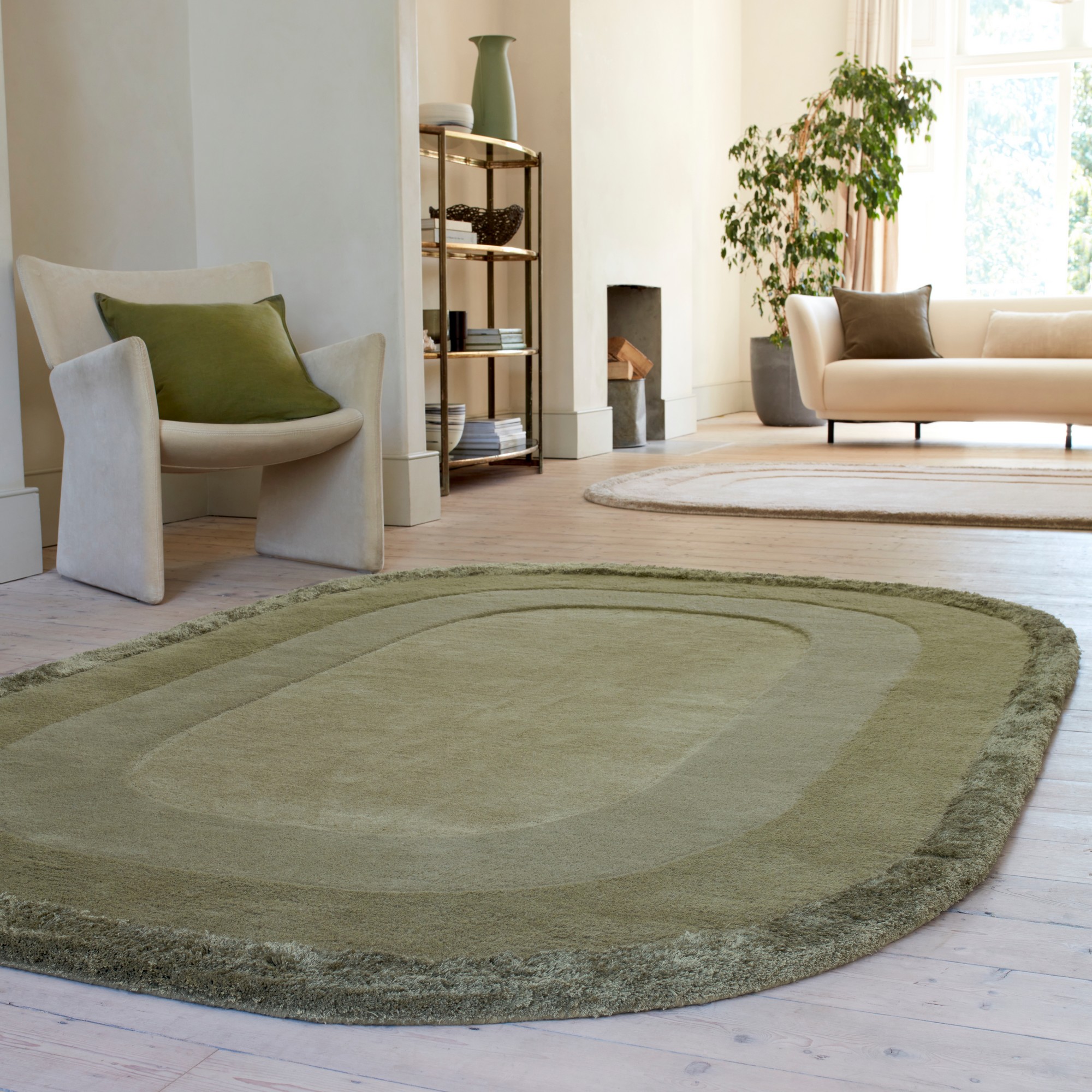 Halo Curved Modern Wool Carved Rugs In Sage Green