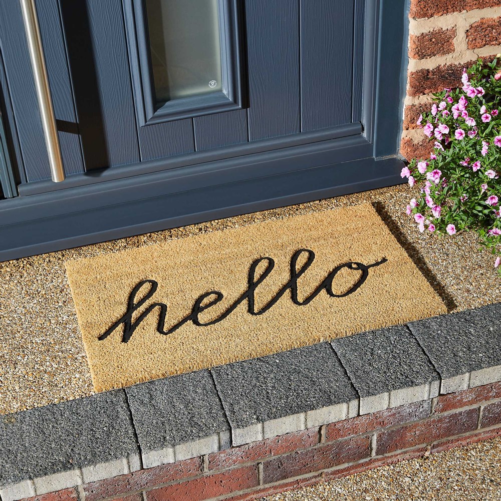 Hello Embossed Coir Doormats in Natural buy online from the rug seller uk