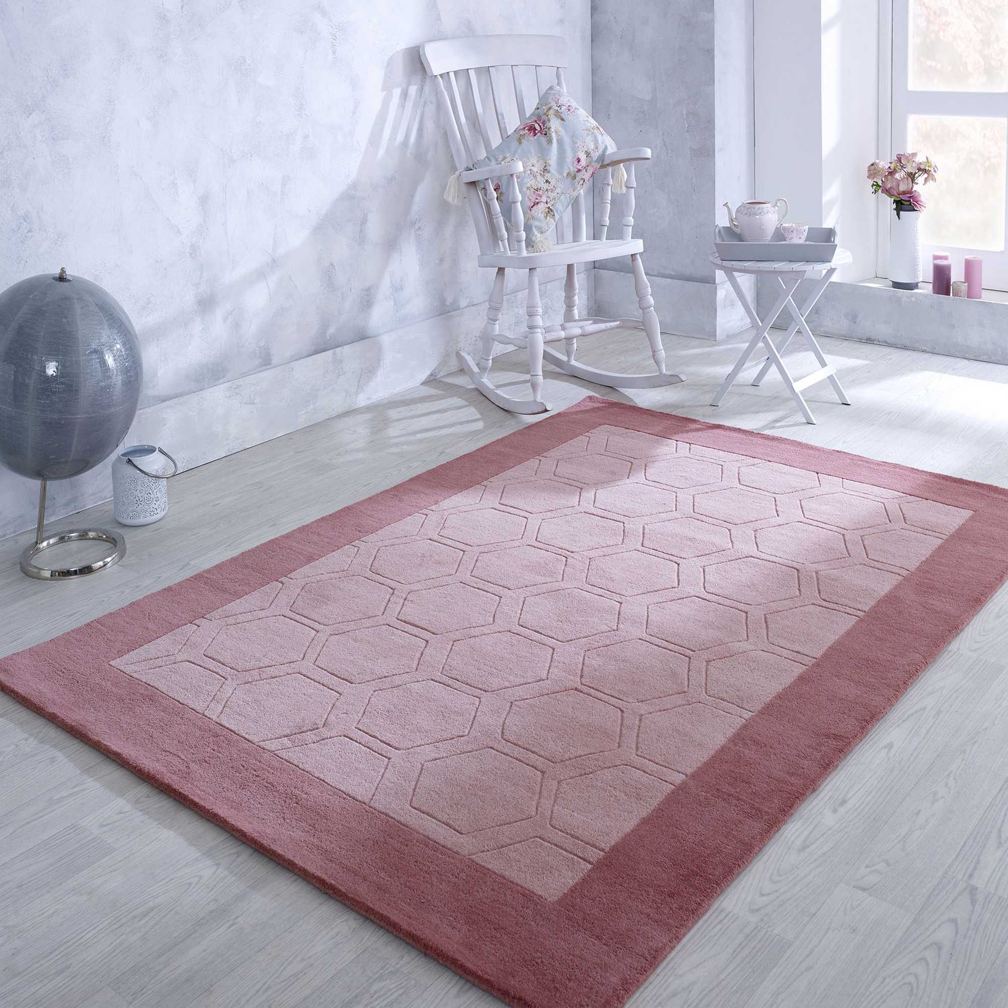 Hex Border Geometric Wool Rugs In Pink