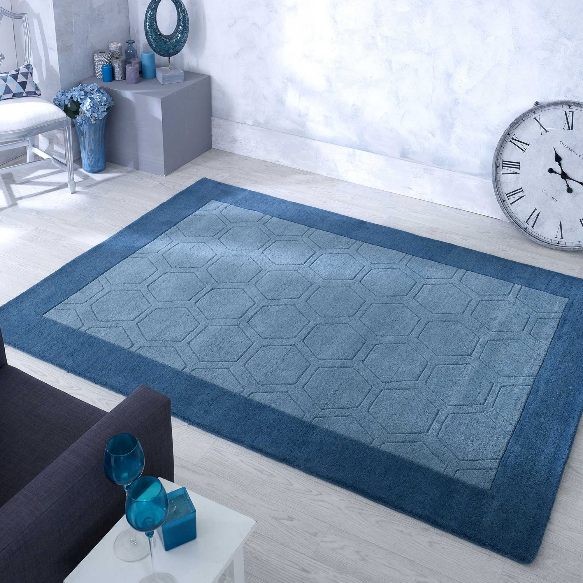 Hex Border Geometric Wool Rugs In Teal Blue