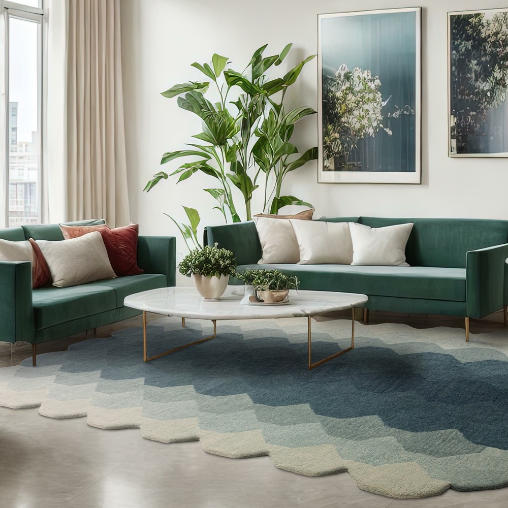 Hive Modern Geometric Ombre Wool Rugs in Teal Blue