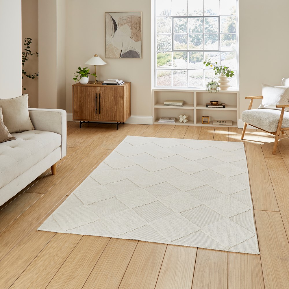 Lyna J0529 Textured Geometric Washable Rugs in Cream