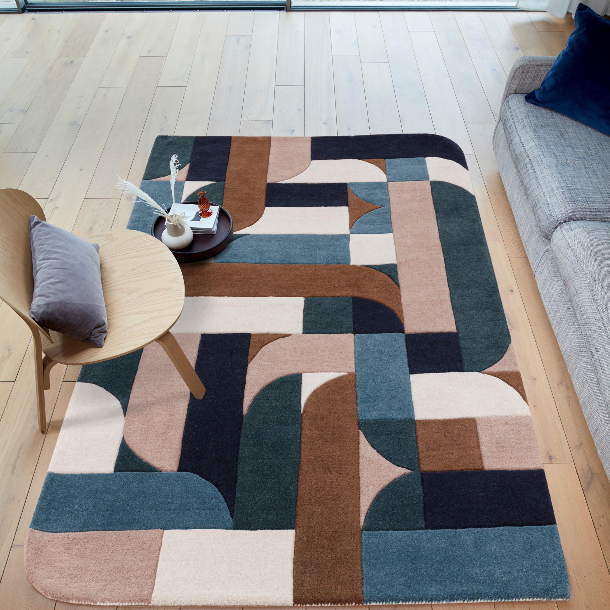 Matrix Klotski Max89 Wool Geometric Rugs In Teal Blue