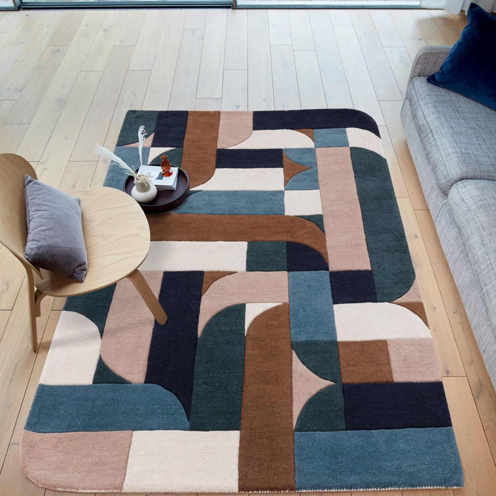 Matrix Klotski MAX89 Wool Geometric Rugs in Teal Blue