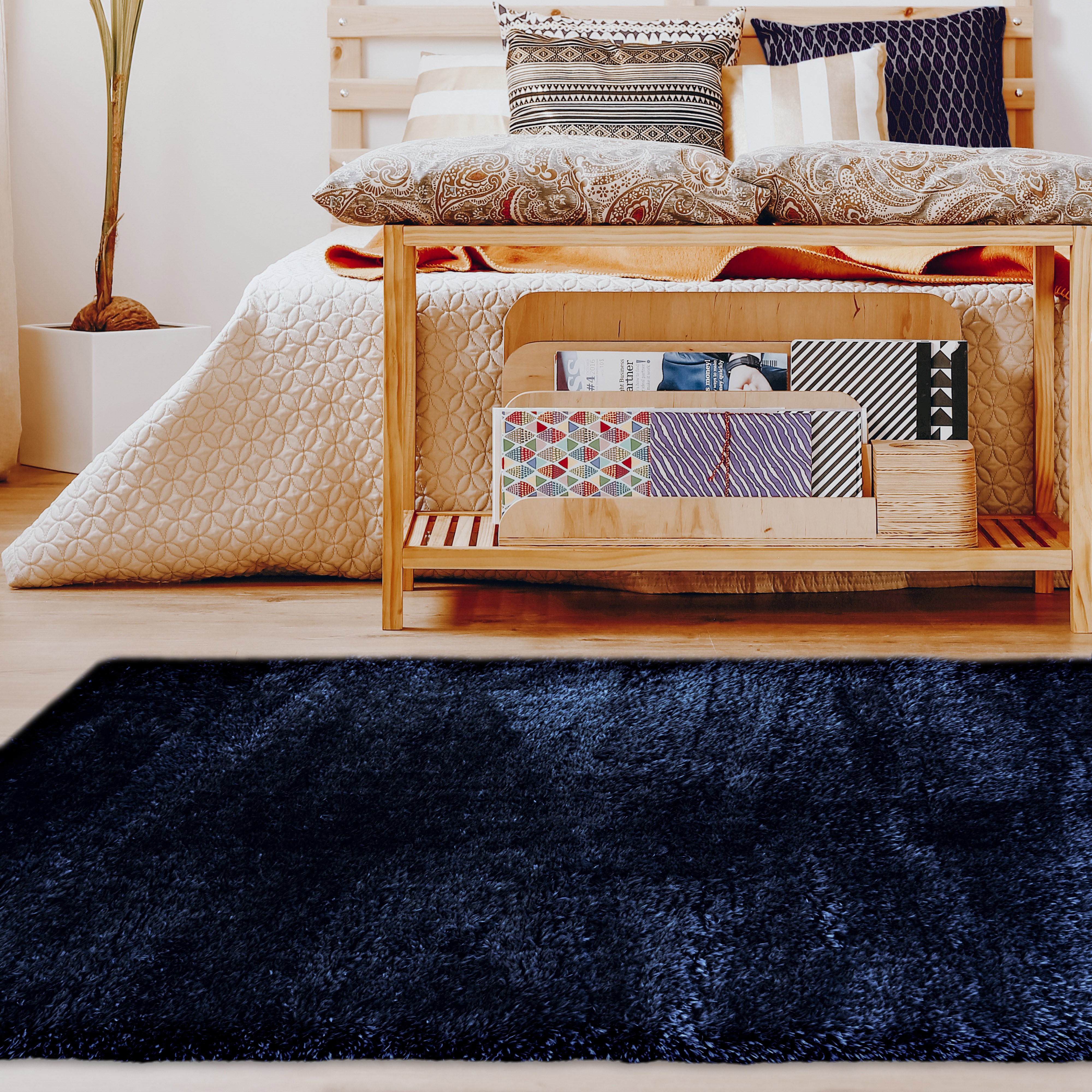 Lagom Modern Plain Shaggy Rugs In Navy Blue