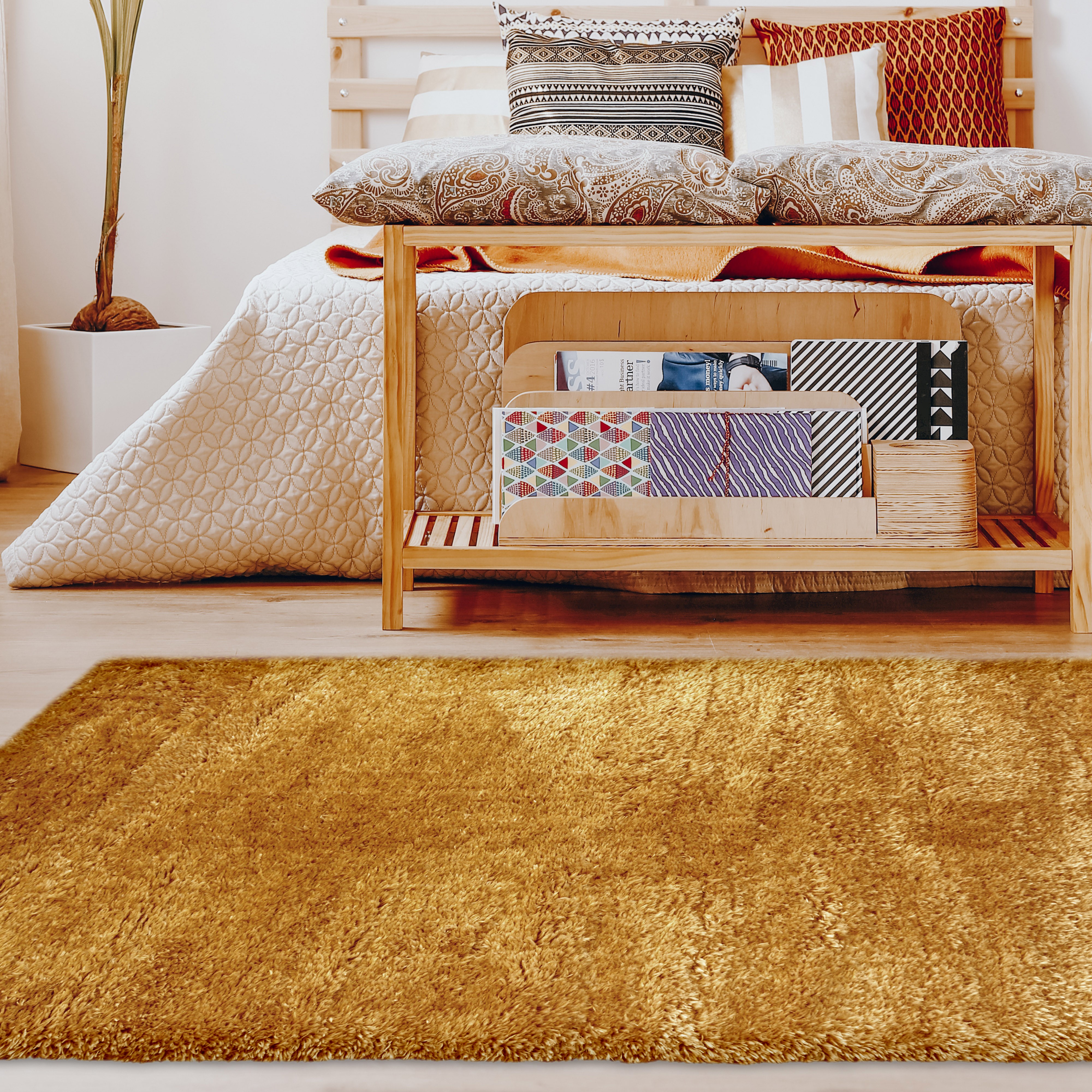 Lagom Modern Plain Shaggy Rugs In Ochre Yellow